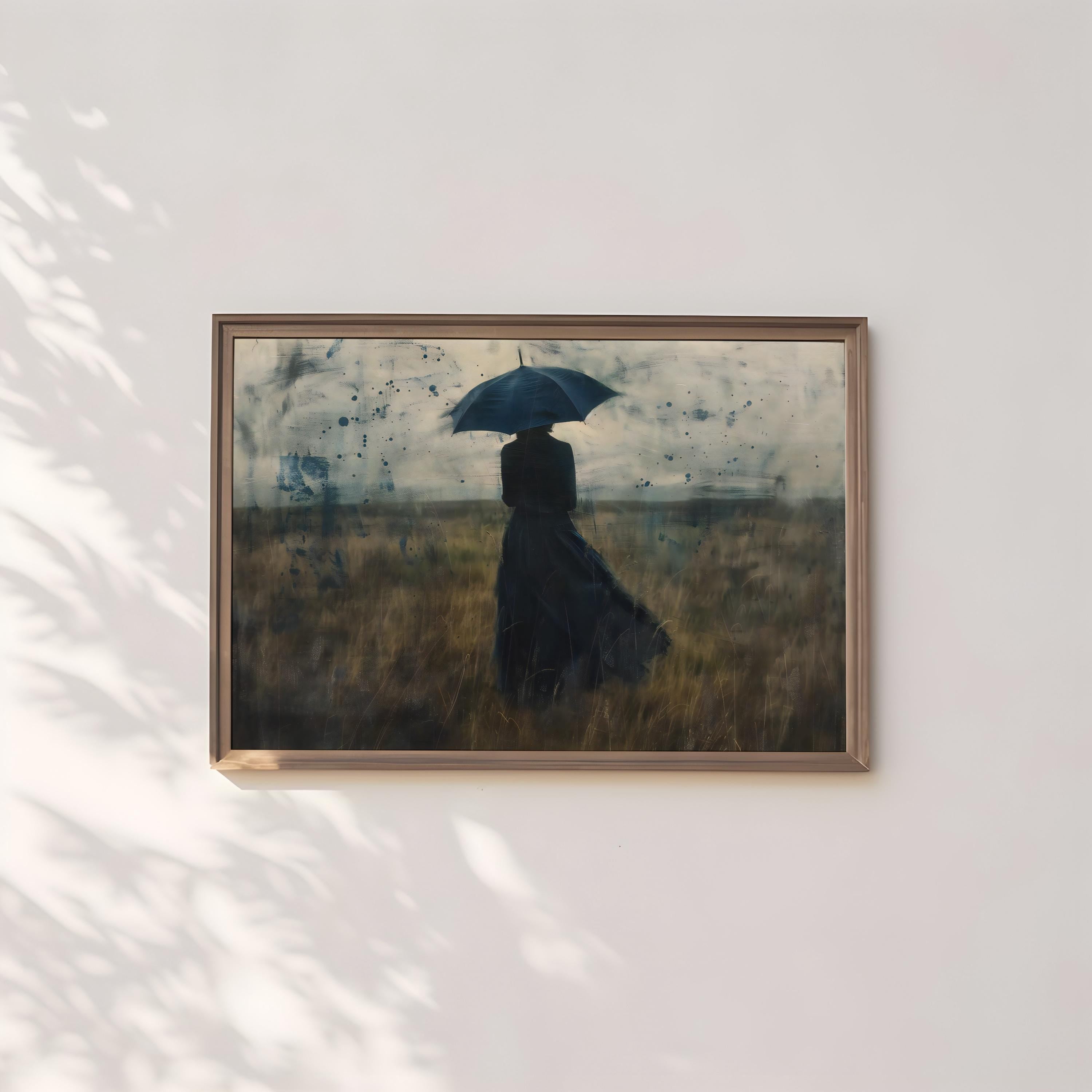 Melancholy Rain: Atmospheric Woman with Umbrella Canvas Art | Contemplative & Moody Wall Decor