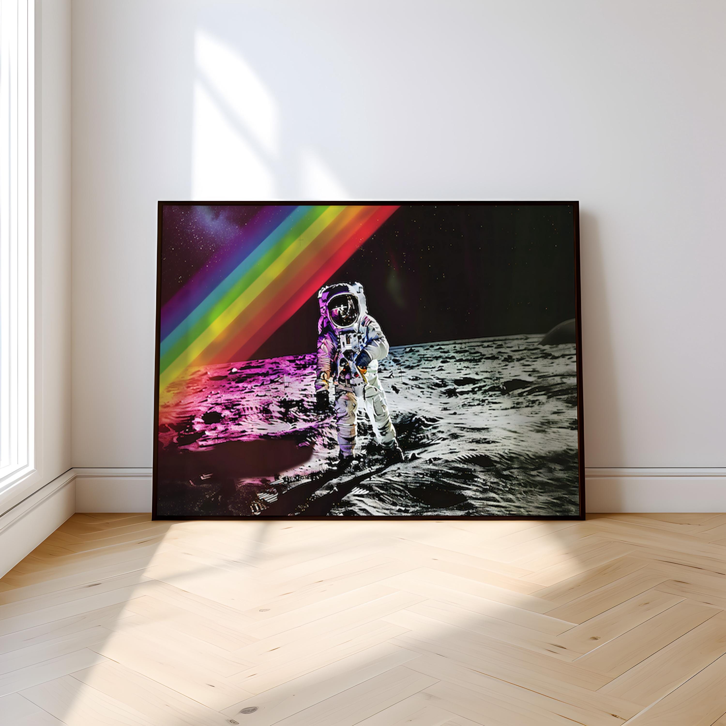 Lunar Dream: Astronaut on the Moon with Rainbow Sky | Surreal & Cinematic Space Art
