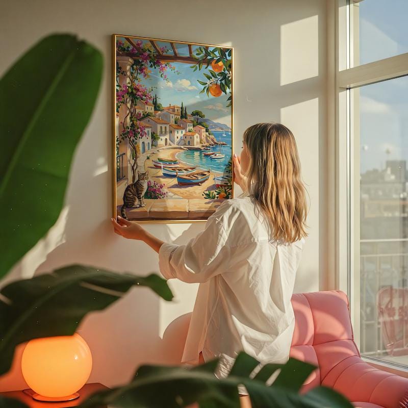 Italian Coastal Wall Art: Mediterranean View with Cat - Vibrant Colors