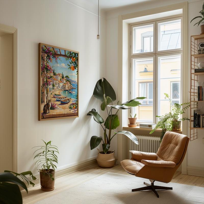Italian Coastal Wall Art: Mediterranean View with Cat - Vibrant Colors