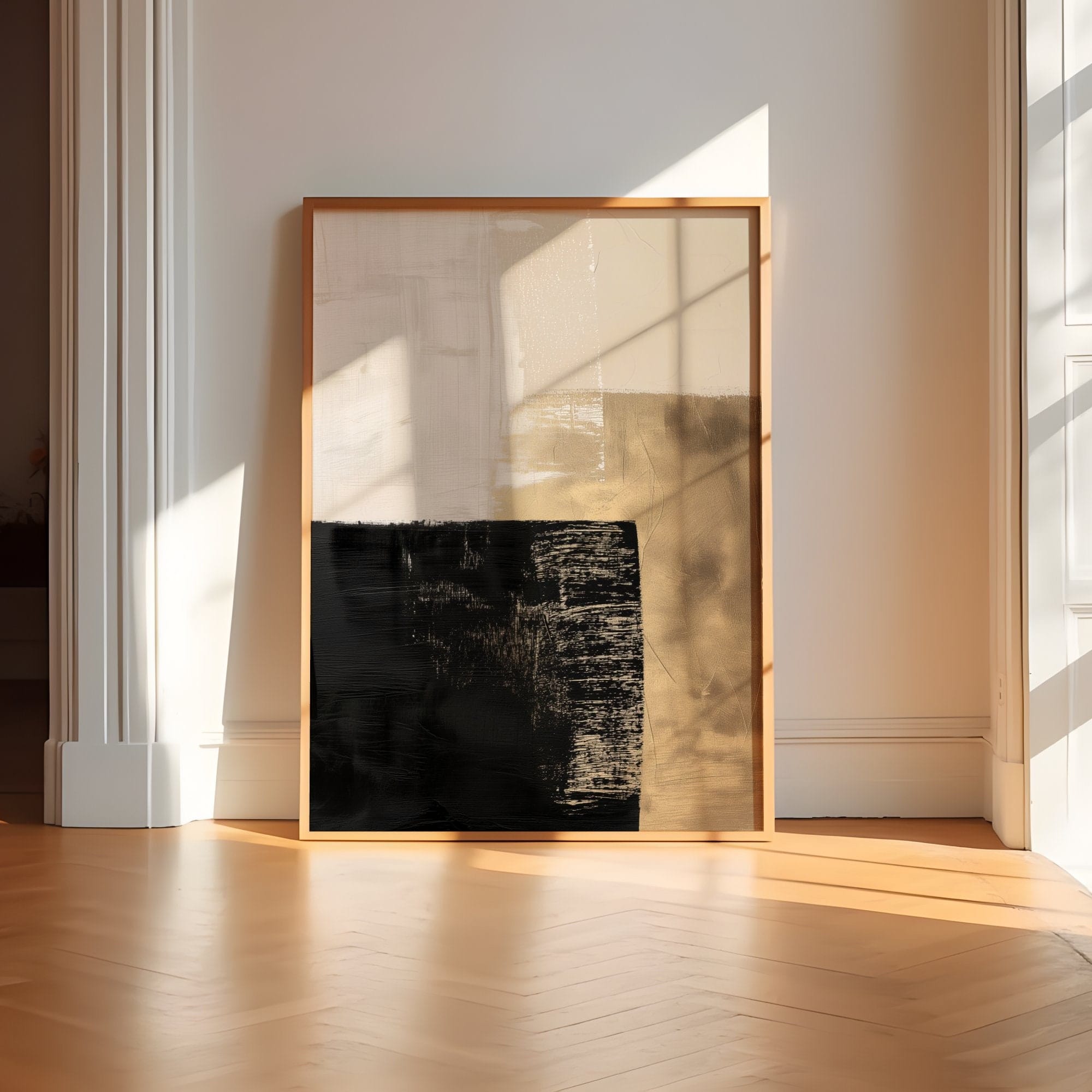 Abstract Canvas Art: Black, Gold, and Beige - Minimalist Decor