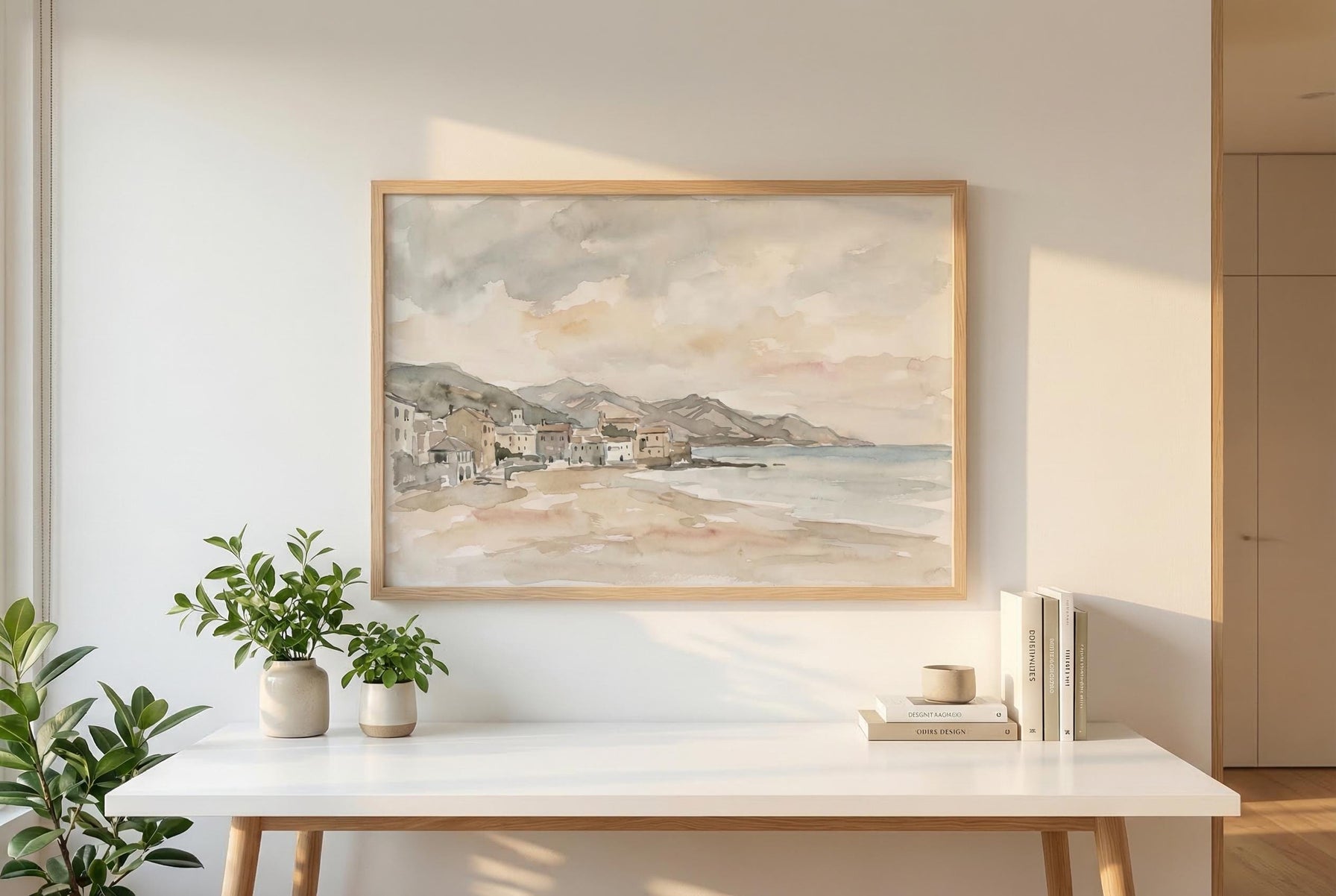 Neutral Watercolor Coastal Village Art Vintage Mediterranean Seascape Print Pastel Beach Decor