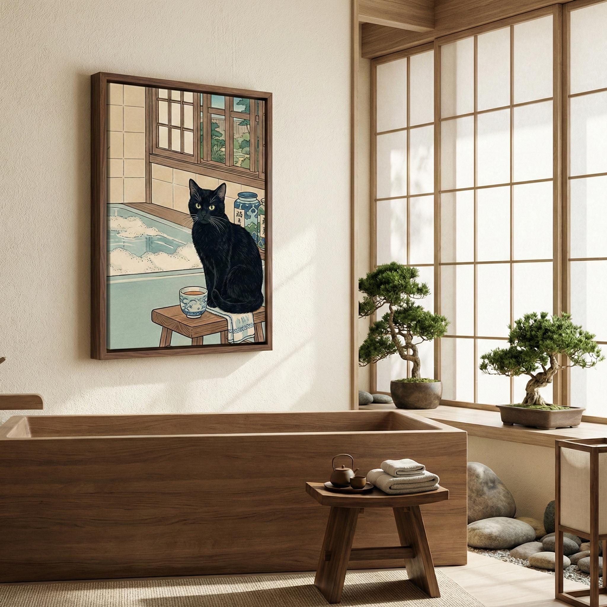 Ukiyo-e Black Cat Wall Art - Japanese Onsen Bathhouse Scene