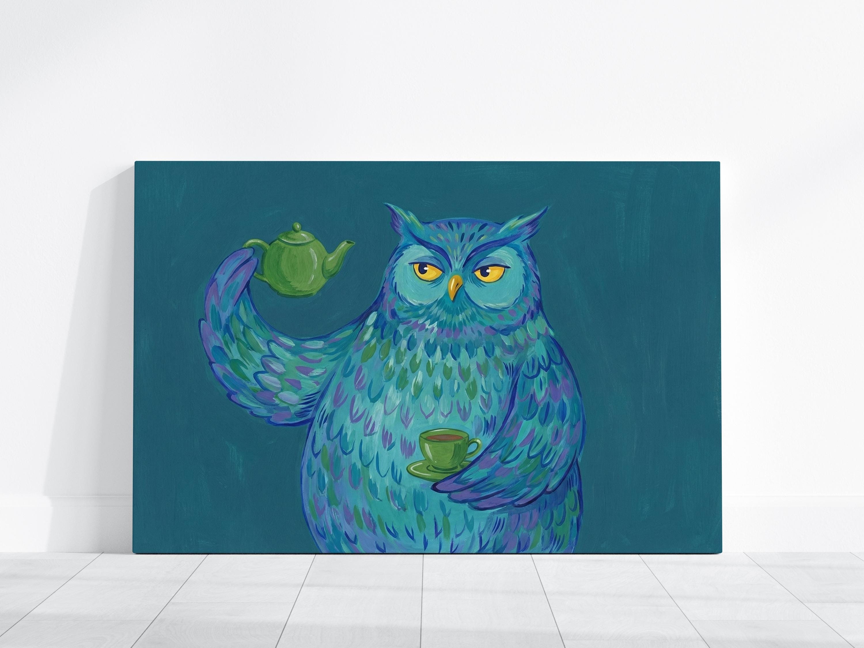 Funny Blue Owl Art Print: Whimsical Tea Time Kitchen Decor
