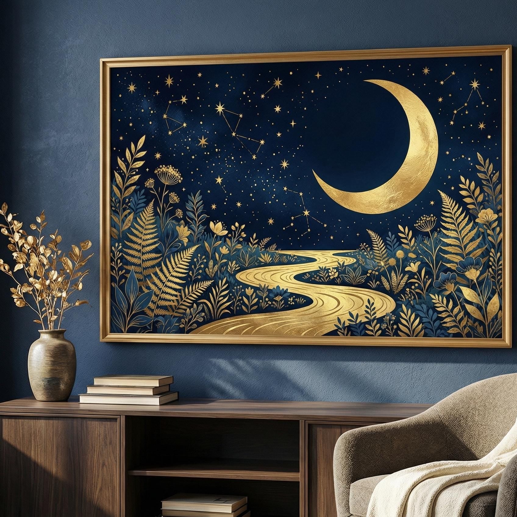 Wall Art Print: Golden Moon and Blue River - Abstract Design