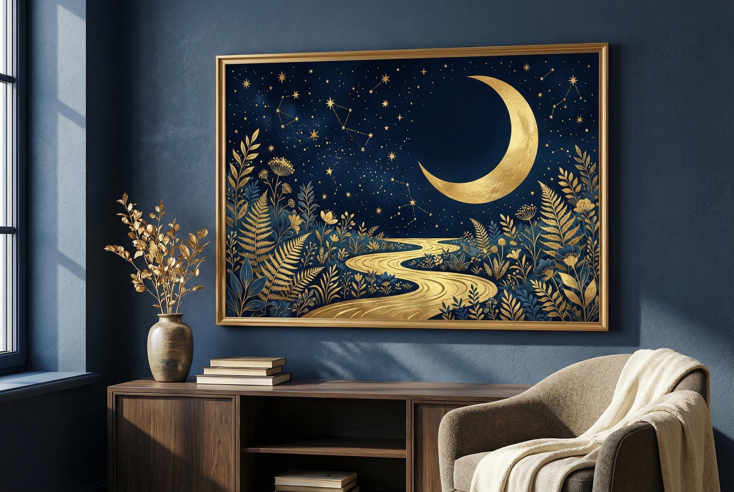 Wall Art Print: Golden Moon and Blue River - Abstract Design