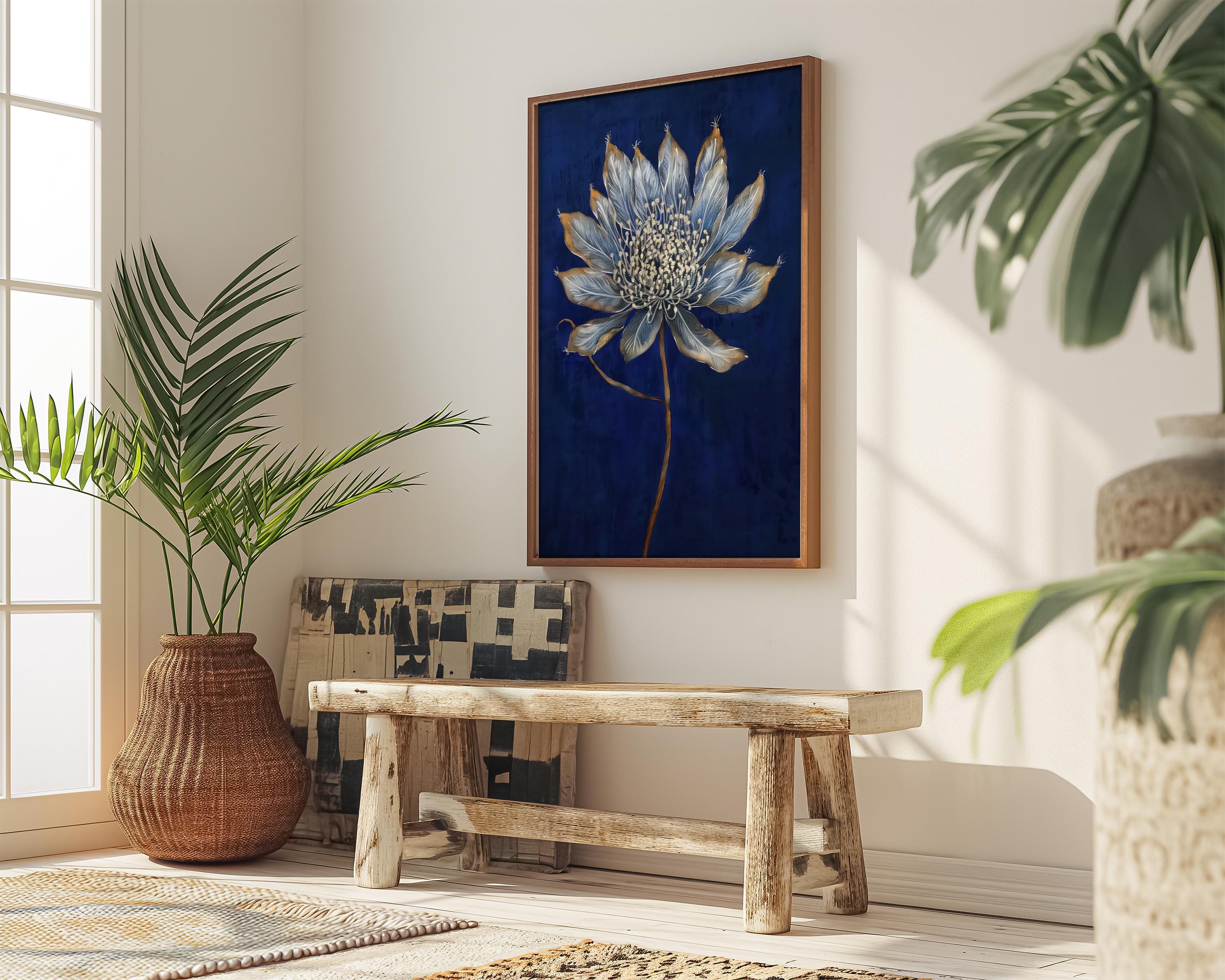 Modern Minimalist Flower: Elegant Gray & White Botanical Art | Deep Blue Wall Decor