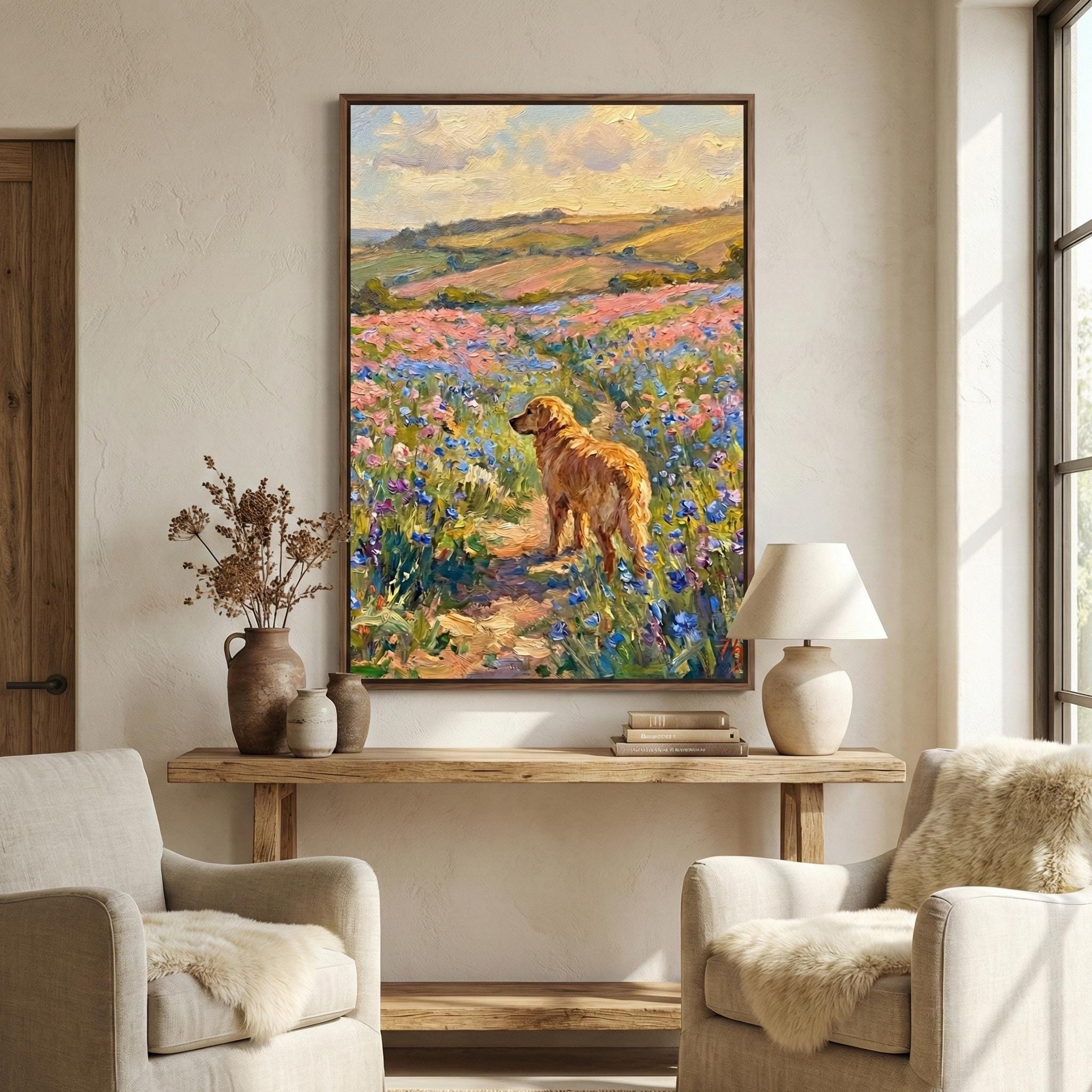 Golden Retriever Dog Art, Wildflower Field, Spring Colors (Canvas or Print)