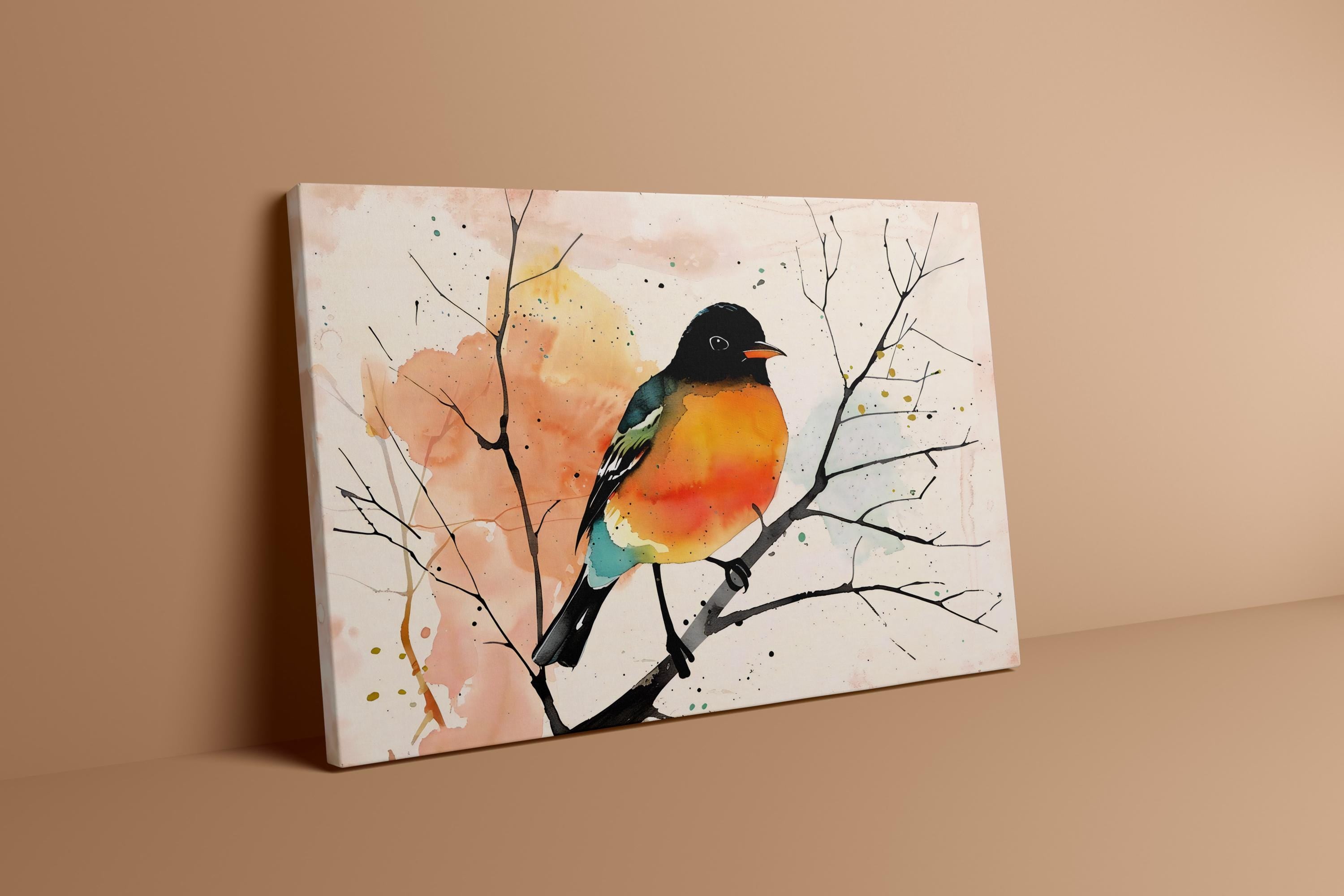 The Soloist: Vibrant Orange & Black Bird Watercolor Art | Modern Abstract Wall Decor