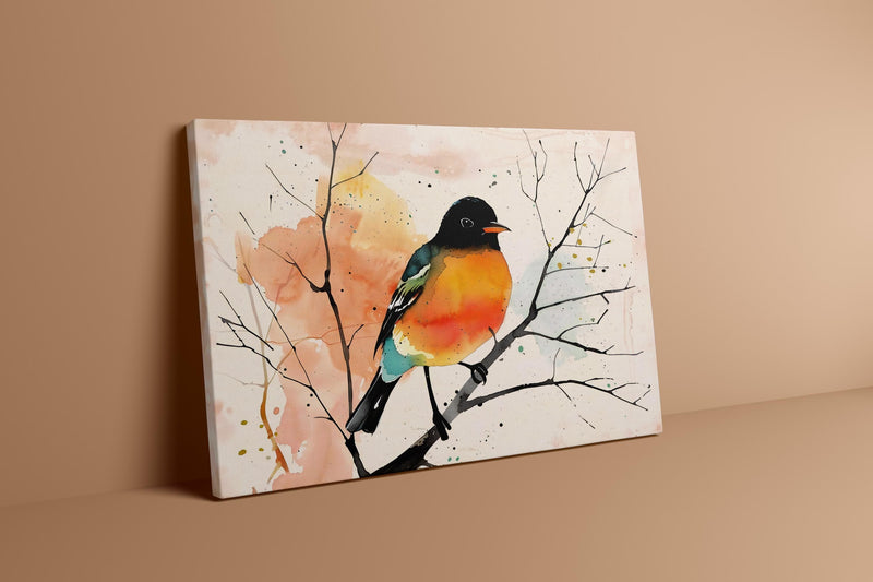 Bird Watercolor Art – Vibrant Orange Black Bird Painting | Modern Abstract Wall Decor