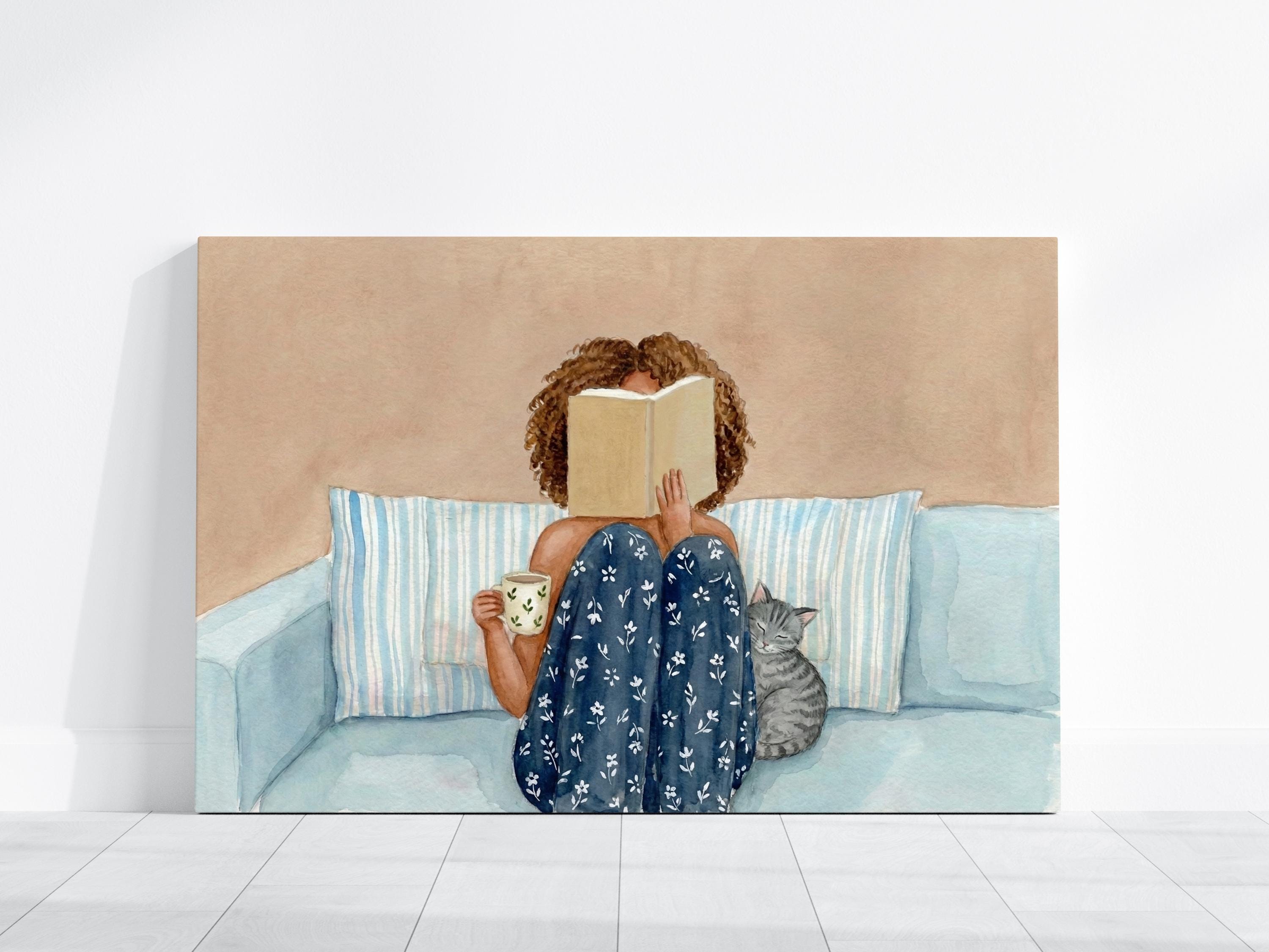 Reading Wall Art: Black Woman with Cat, Cozy Watercolor (Print or Canvas)
