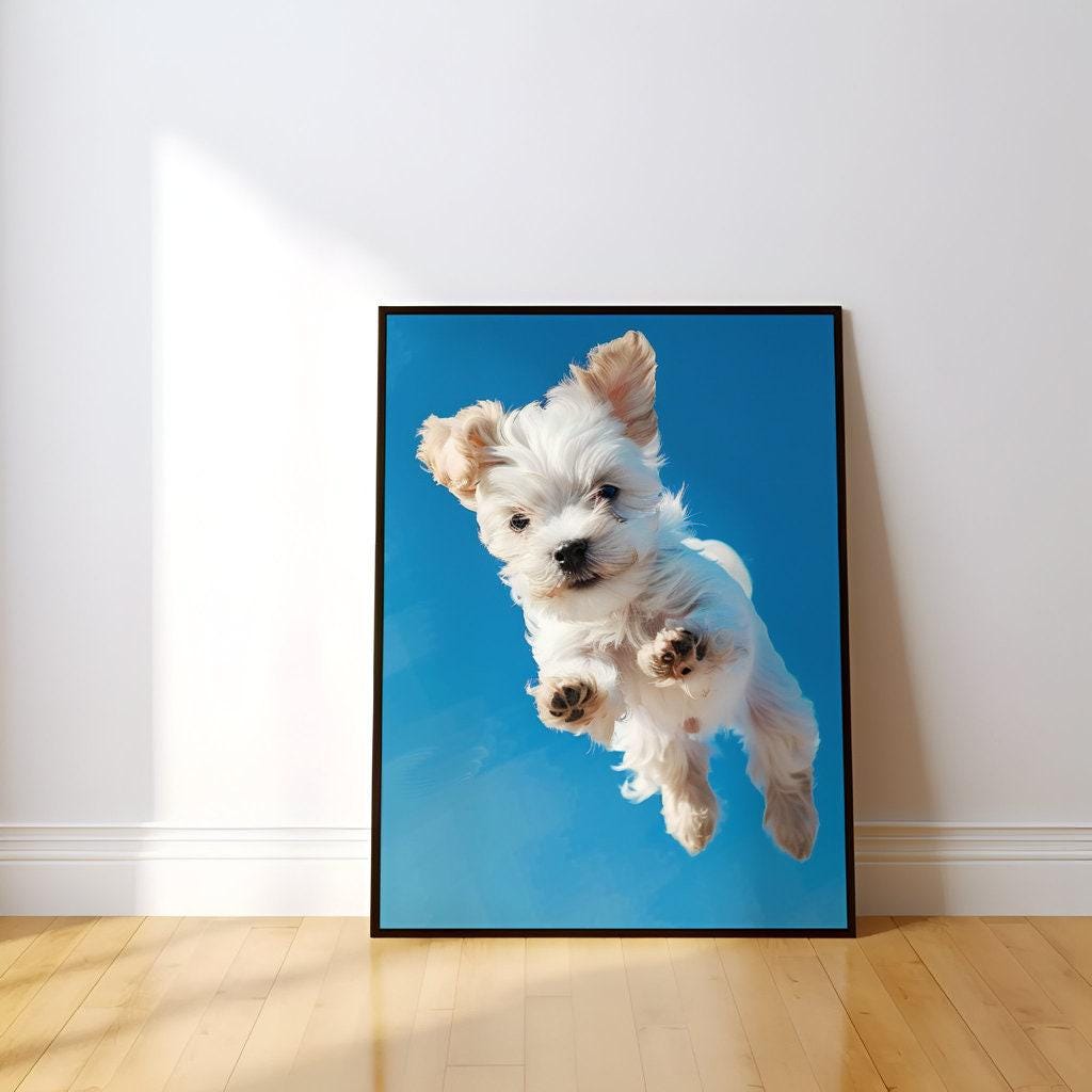 The Leap: Joyful Fluffy White Dog Art Print | Playful & Vibrant Pet Portrait Decor