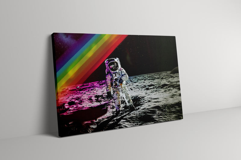 Astronaut Moon Artwork – Surreal Space Art Print | Rainbow Sky Poster & Lunar Surface