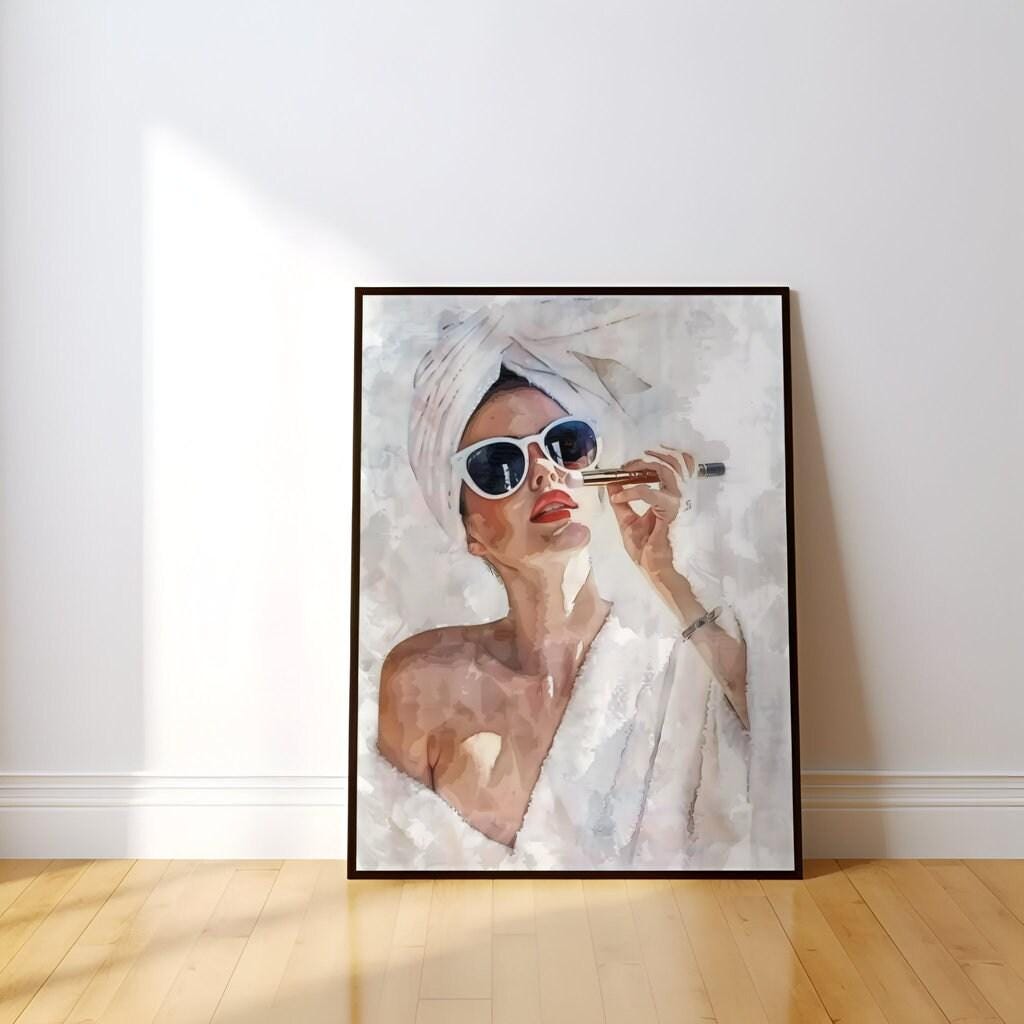 Morning Glamour: Modern Woman in Sunglasses & Robe Art | Chic Fashion Wall Decor