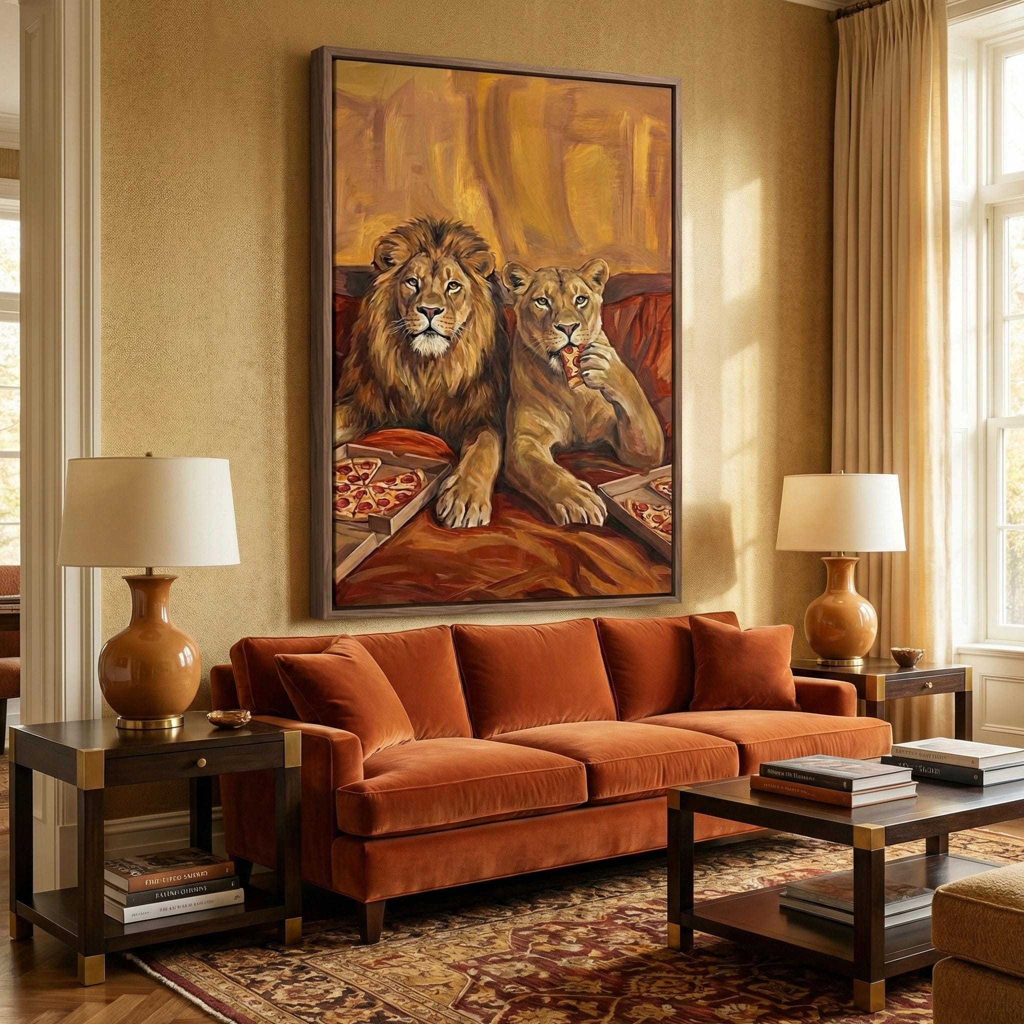 Lion Couple Wall Art: Cozy Surreal Pizza Date - Warm Tones