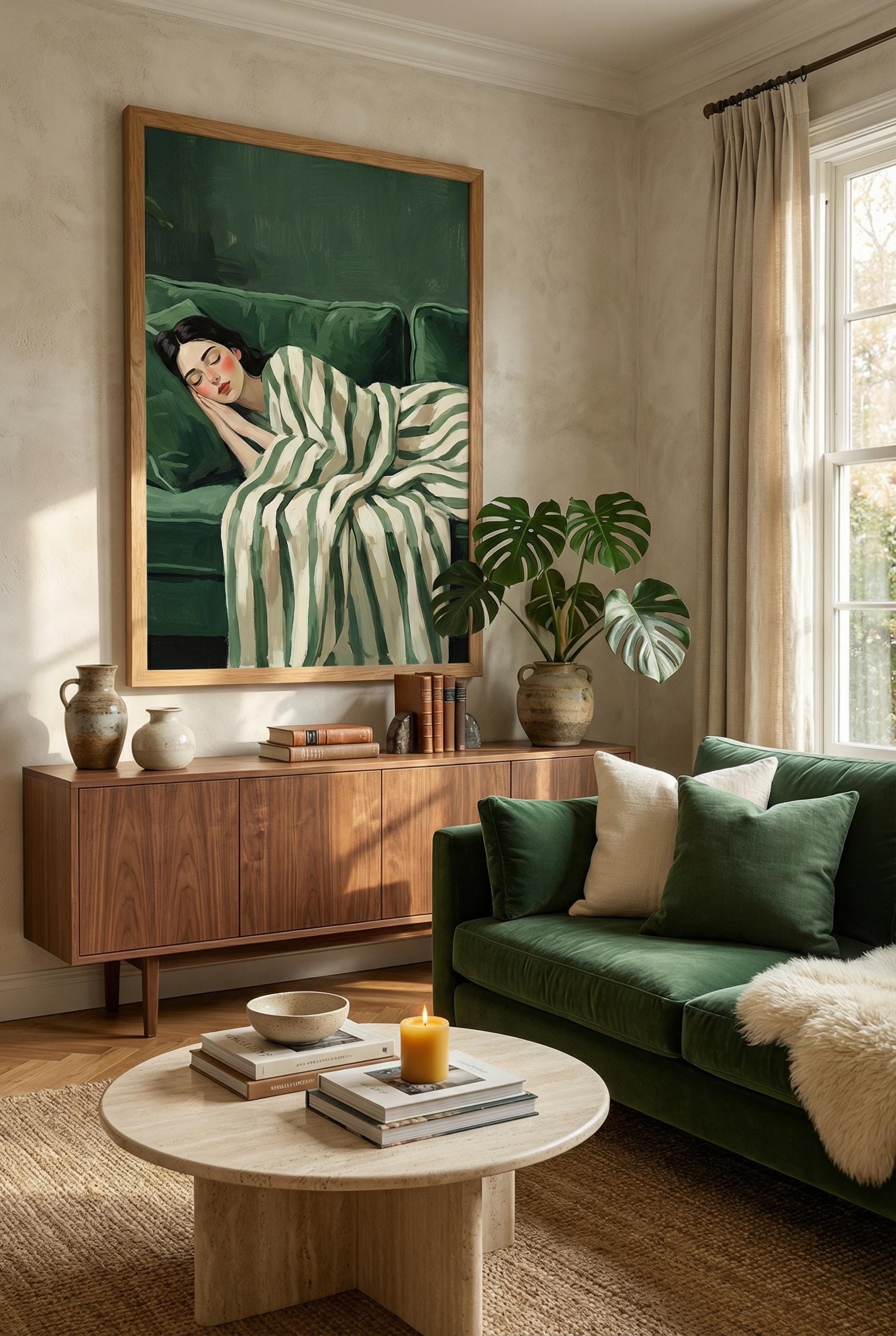 Nap Time Green Art Print: Sleeping Woman, Relaxing Stripes