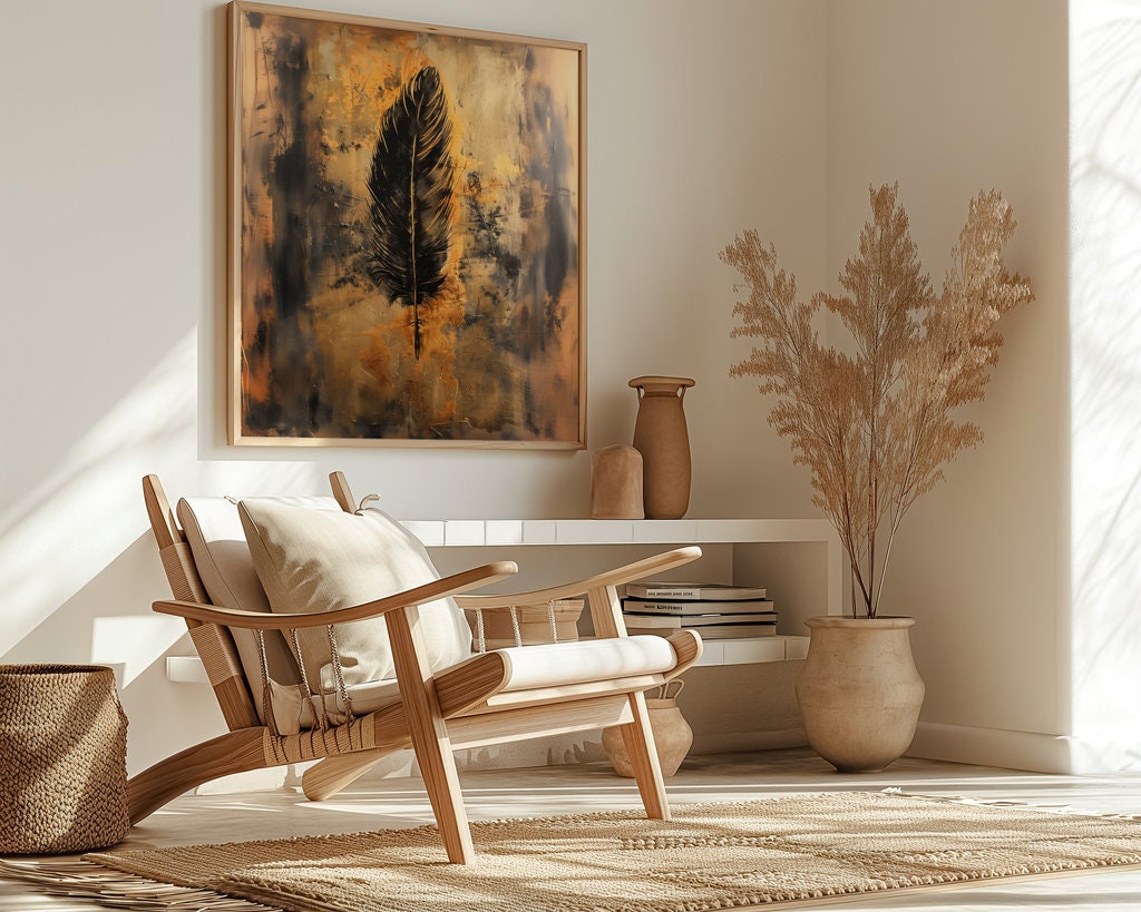 Old Feather: Modern Abstract Wall Art in Gold & Black, Framed Canvas Print, Modern Minimalist Art, Immersive Art, QR code Live Art