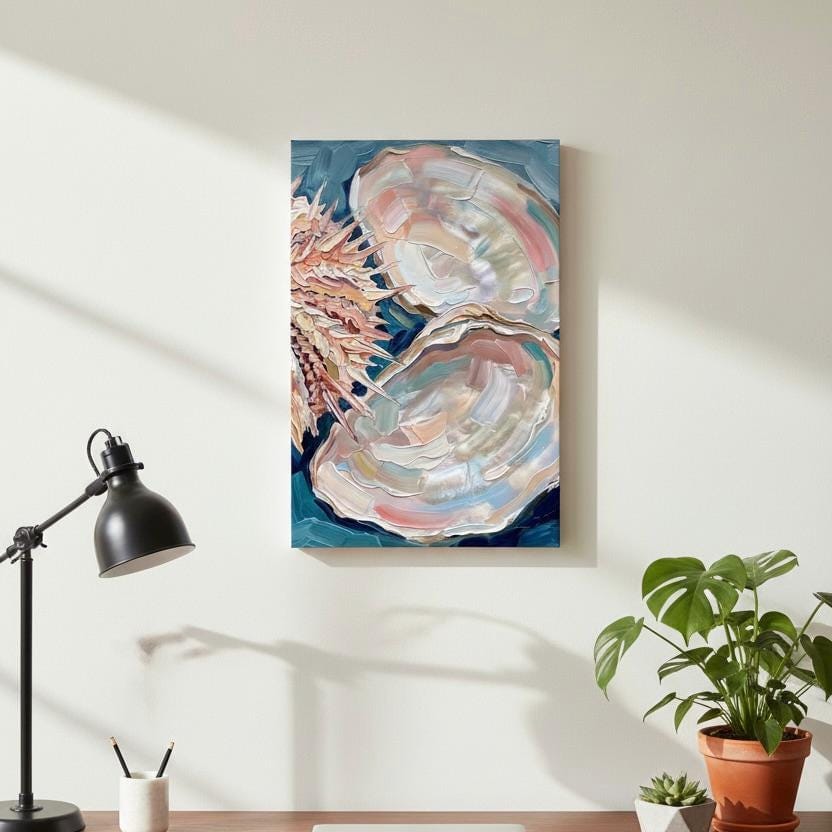 a painting of a shell with a vibrant blue background and pink and white hues, hanging on a white wall above a wooden desk. The desk is adorned with a potted plant, a lamp, and a small white cup.