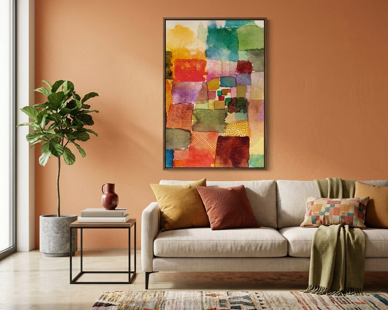 Earthy Patchwork Abstract Wall Art Print, Mixed Media Collage Decor, Rustic Watercolor Texture, Bohemian Living Room Art