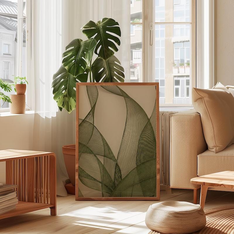 Abstract Olive Green Wall Art: Modern Sage and Beige Mesh Print