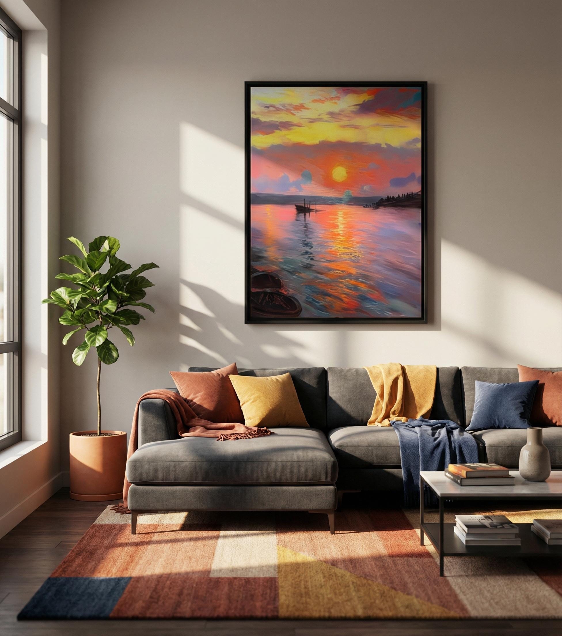 Impressionist Sunset Canvas, Minimalist Lake View (Multiple Sizes)