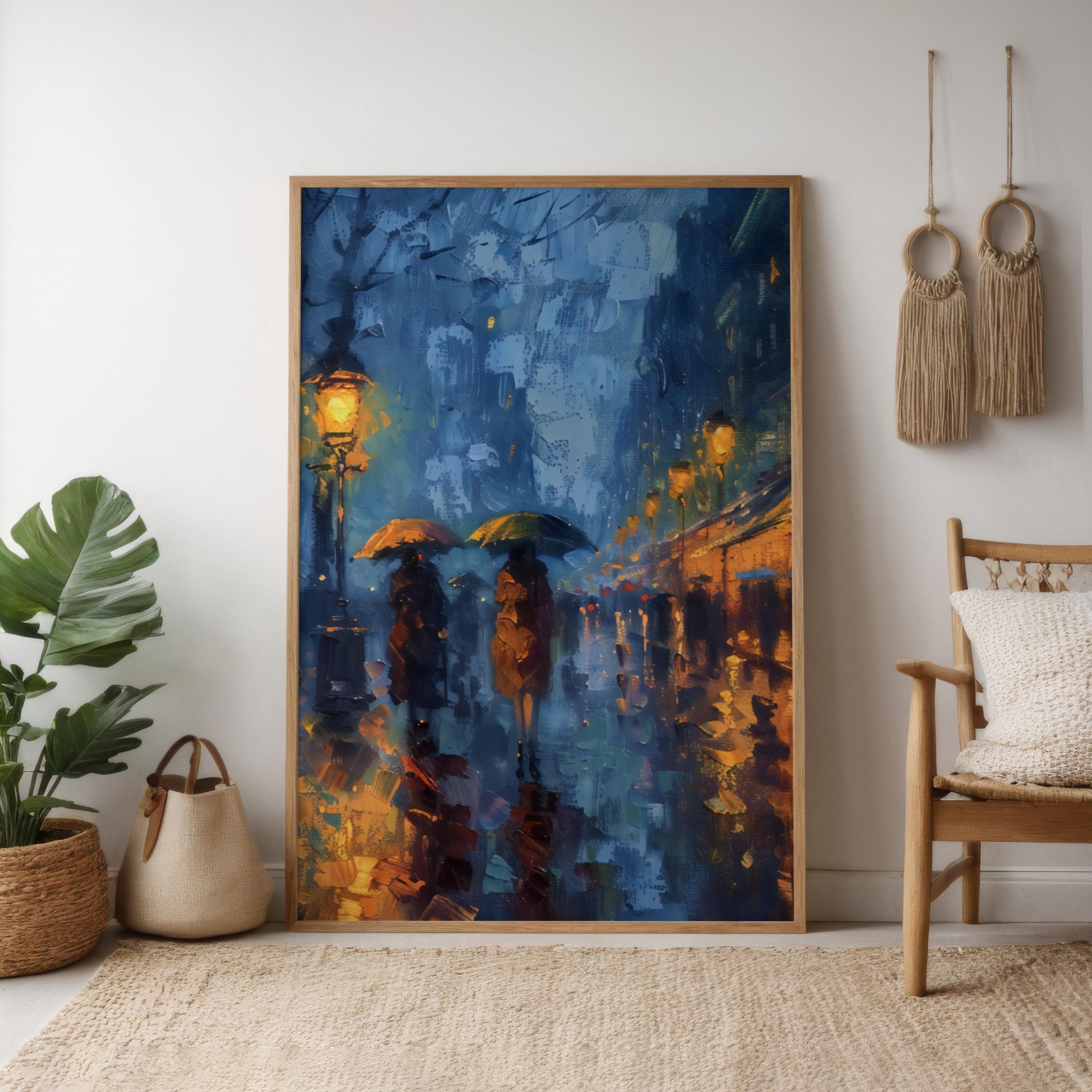 The Golden Street: Impressionist Rainy City Night with Umbrellas | Moody & Romantic Wall Art