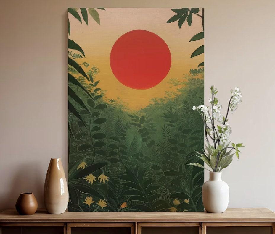 Tropical Forest Print: Red Sun Sunrise Landscape (Canvas or Framed)
