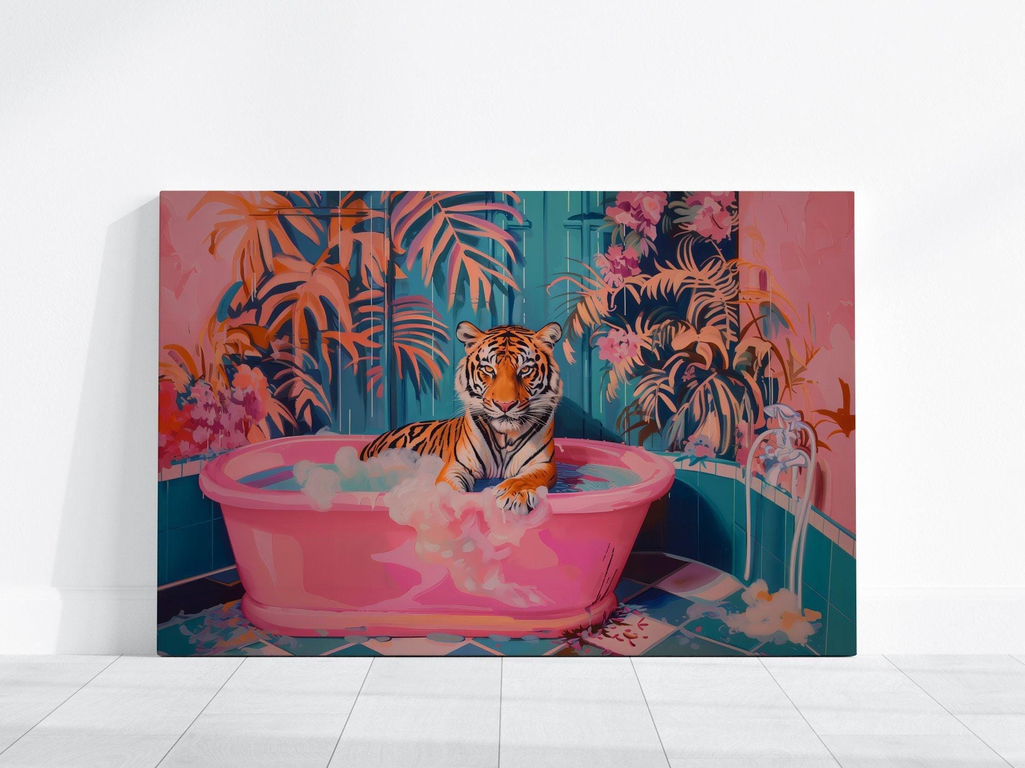 Chic Tiger Wall Art: Pink Bathtub, Maximalist Bathroom Decor