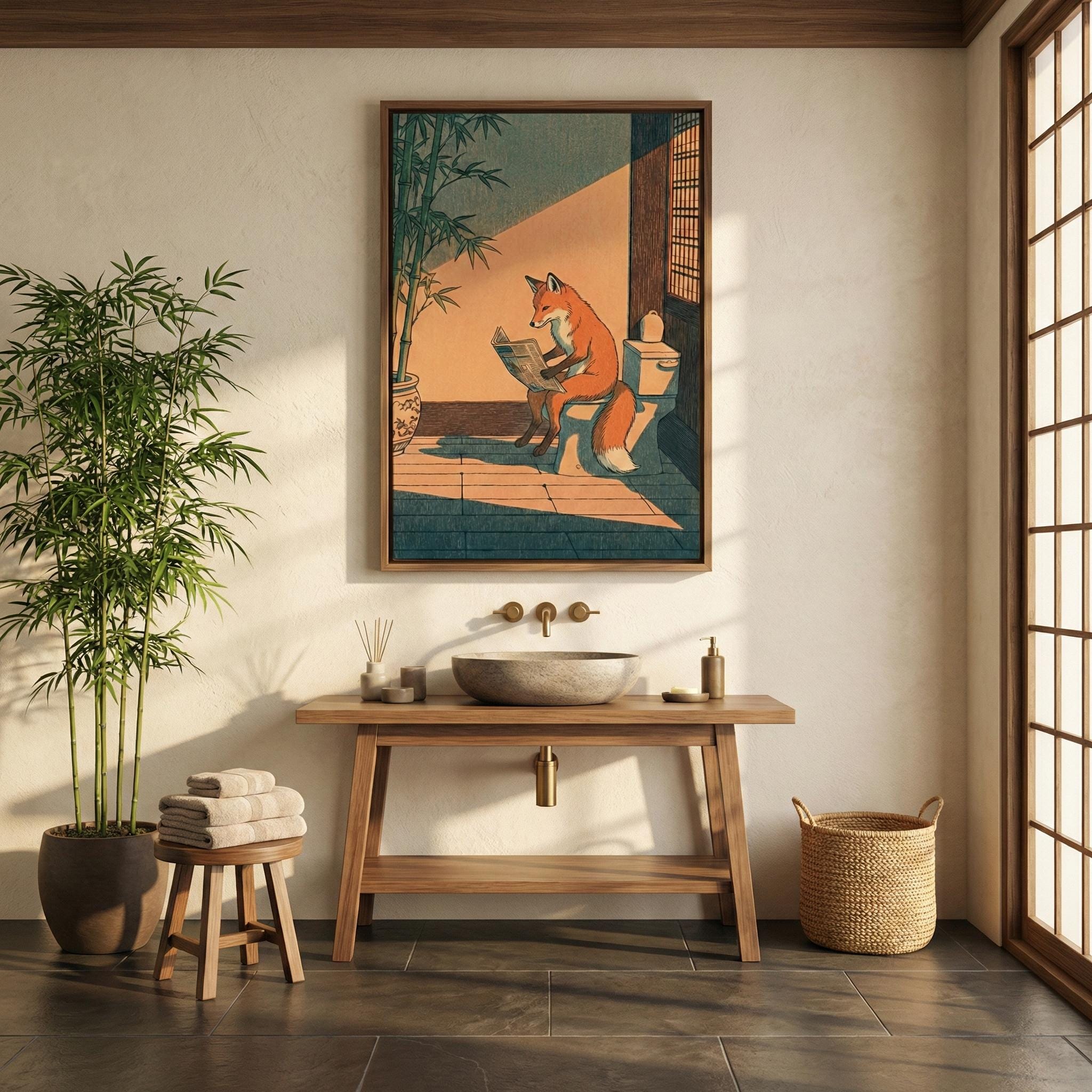 Bathroom Wall Art: Humorous Red Fox on Toilet - Ukiyo-e Style Print