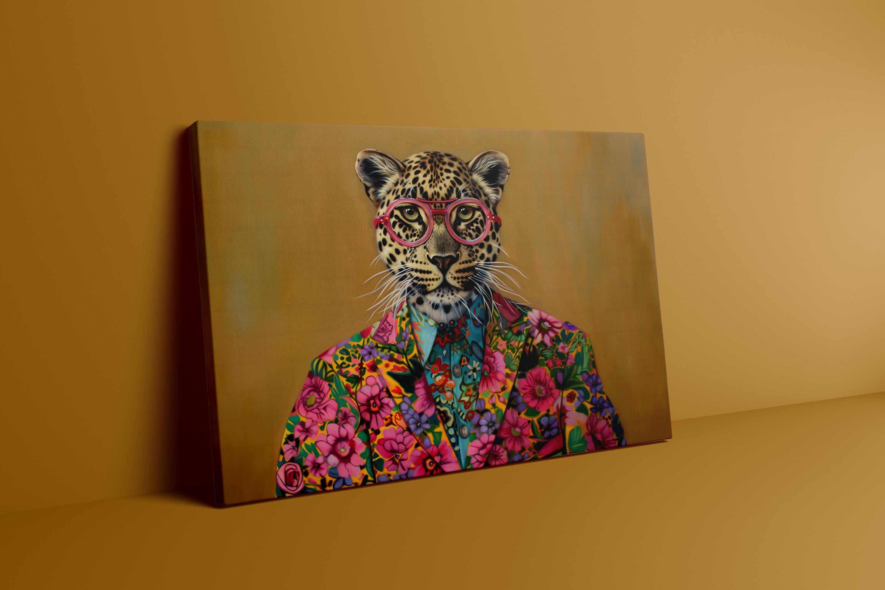 The Fashionista: Chic Leopard in Pink Glasses & Floral Jacket | Vibrant & Modern Animal Print Decor