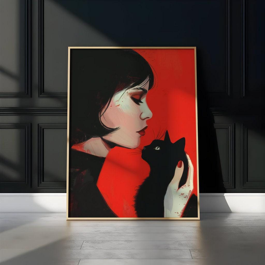 The Familiar: Woman and Black Cat Portrait | Moody, Modern & Evocative Wall Art