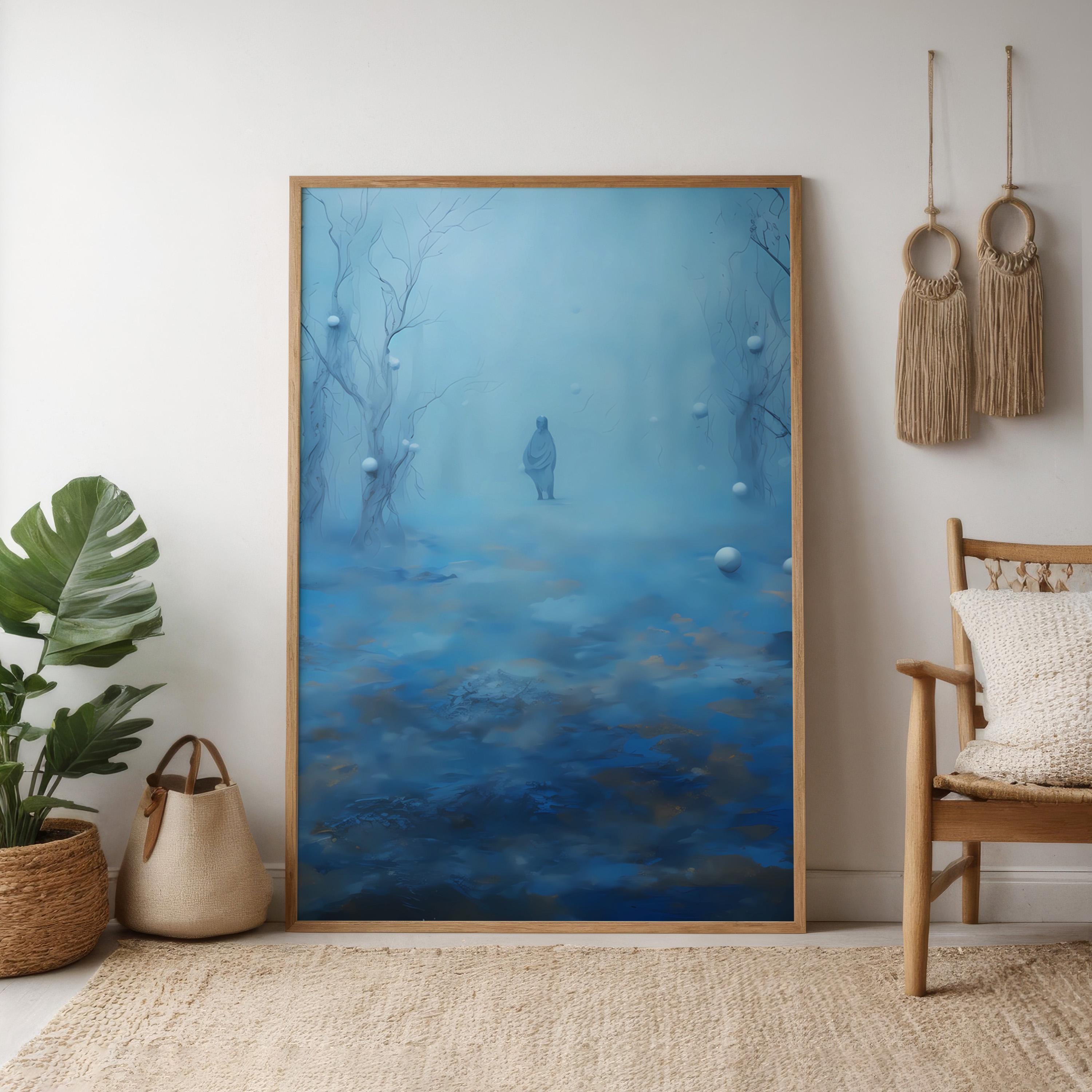 Mystical Forest Path Art Print | Framed Impressionist Blue & Gold Wall Decor
