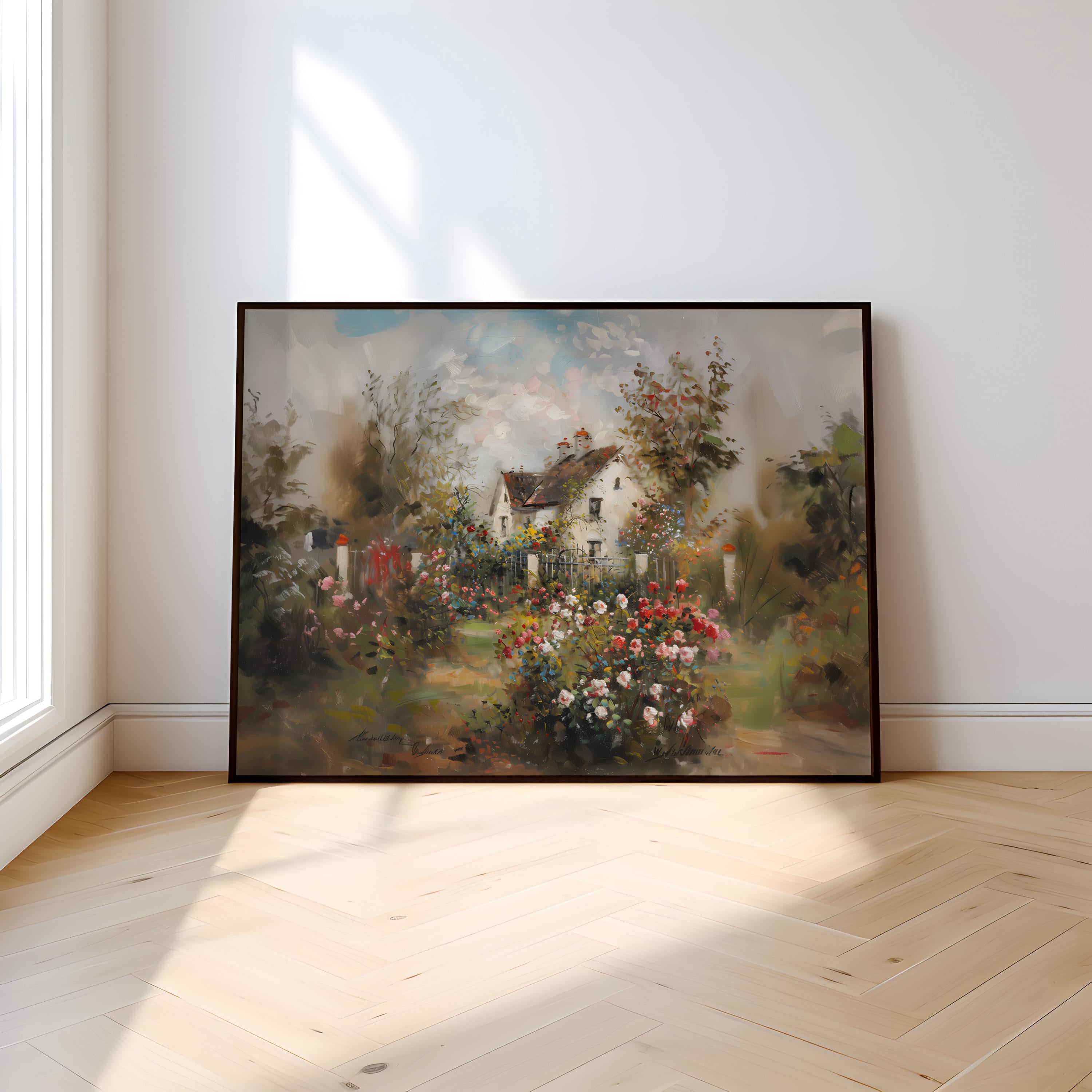 Vintage Cottage Rose Garden Art Print | Nostalgic & Tranquil Floral Wall Decor