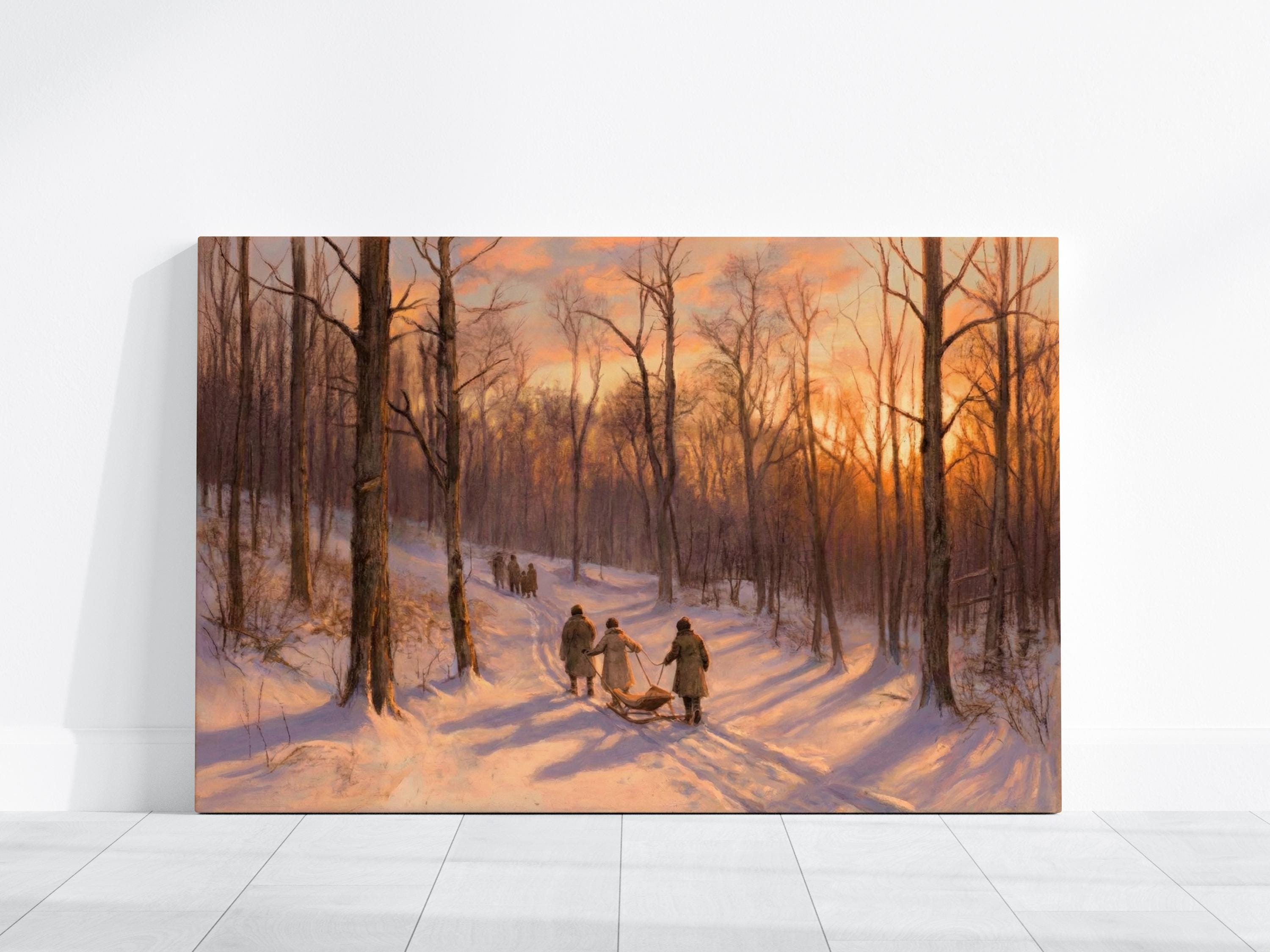 Winter Sunset Canvas, Snowy Forest Landscape (Rustic Holiday Wall Art)