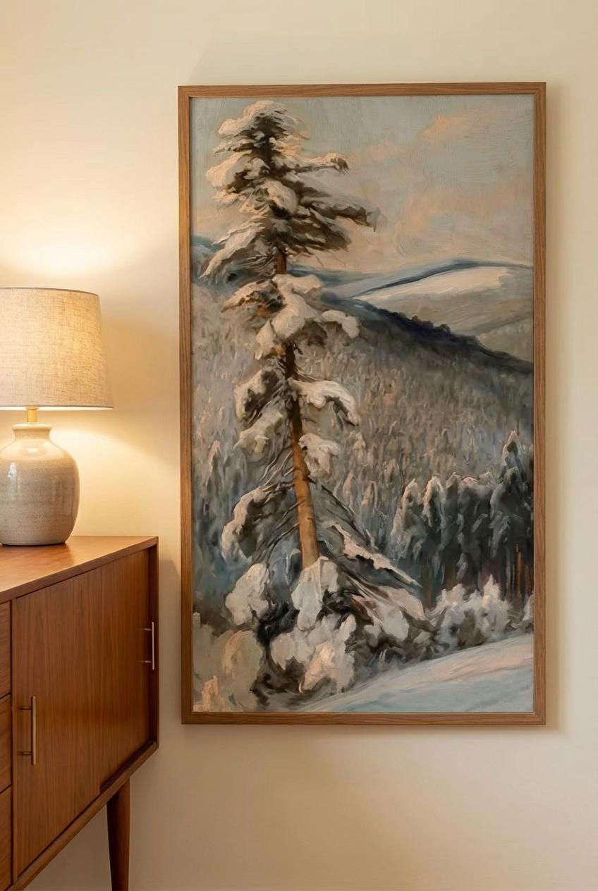 Cozy Winter Wall Art – Snowy Forest Print with Rustic Cabin Decor & Serene Nature Scene