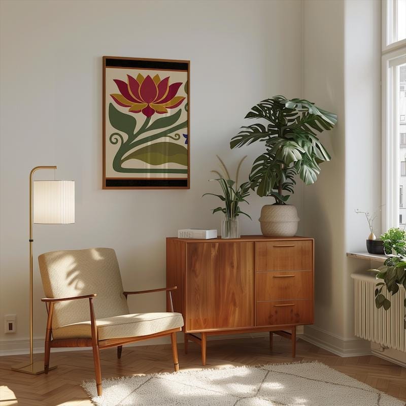 Floral Wall Art Print: Red Lotus and Bluebell - Arts & Crafts Style