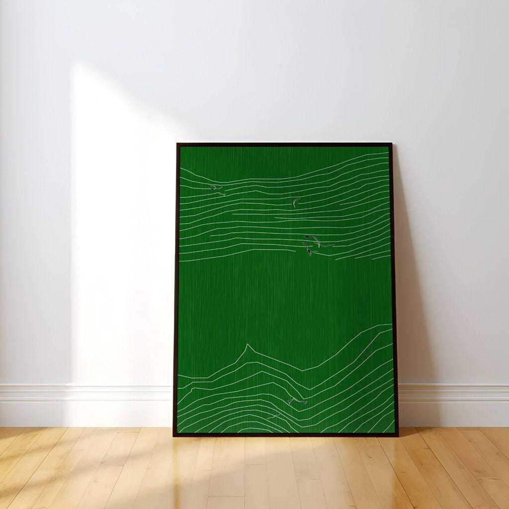 Zen Inspired Canvas Art, Minimalist Green Line Drawing (Ready to Hang)