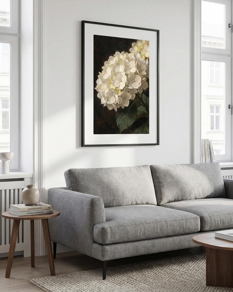 Vintage White Hydrangea Painting Moody Floral Wall Art Dark Academia Botanical Decor Framed Canvas