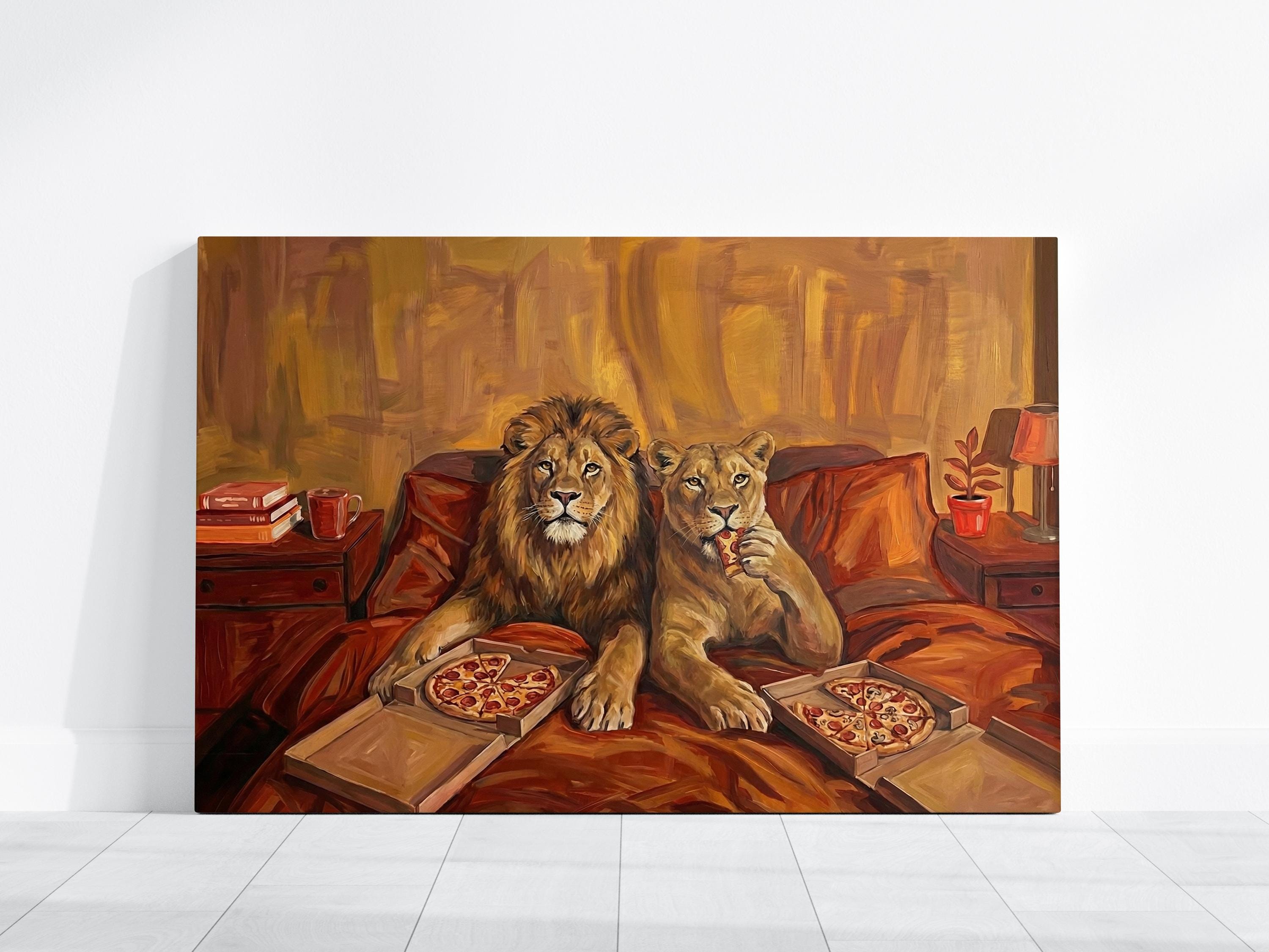Lion Couple Wall Art: Cozy Surreal Pizza Date - Warm Tones