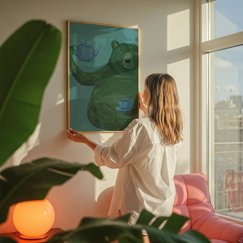 Whimsical Green Bear Wall Art - Playful Tea Party Illustration