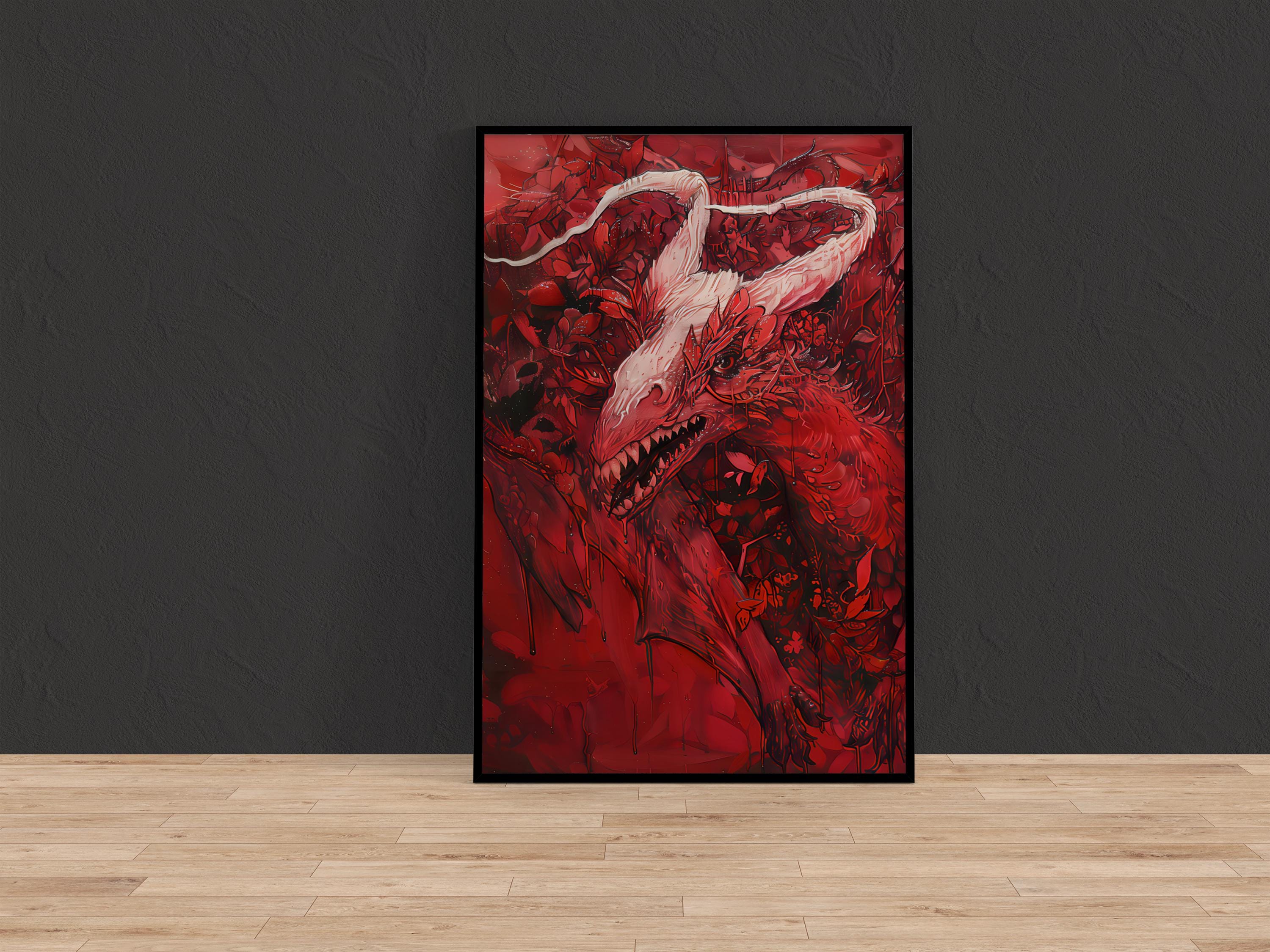 The Crimson Chimera: Red Mystical Creature Art | Dark Fantasy & Mythical Wall Decor