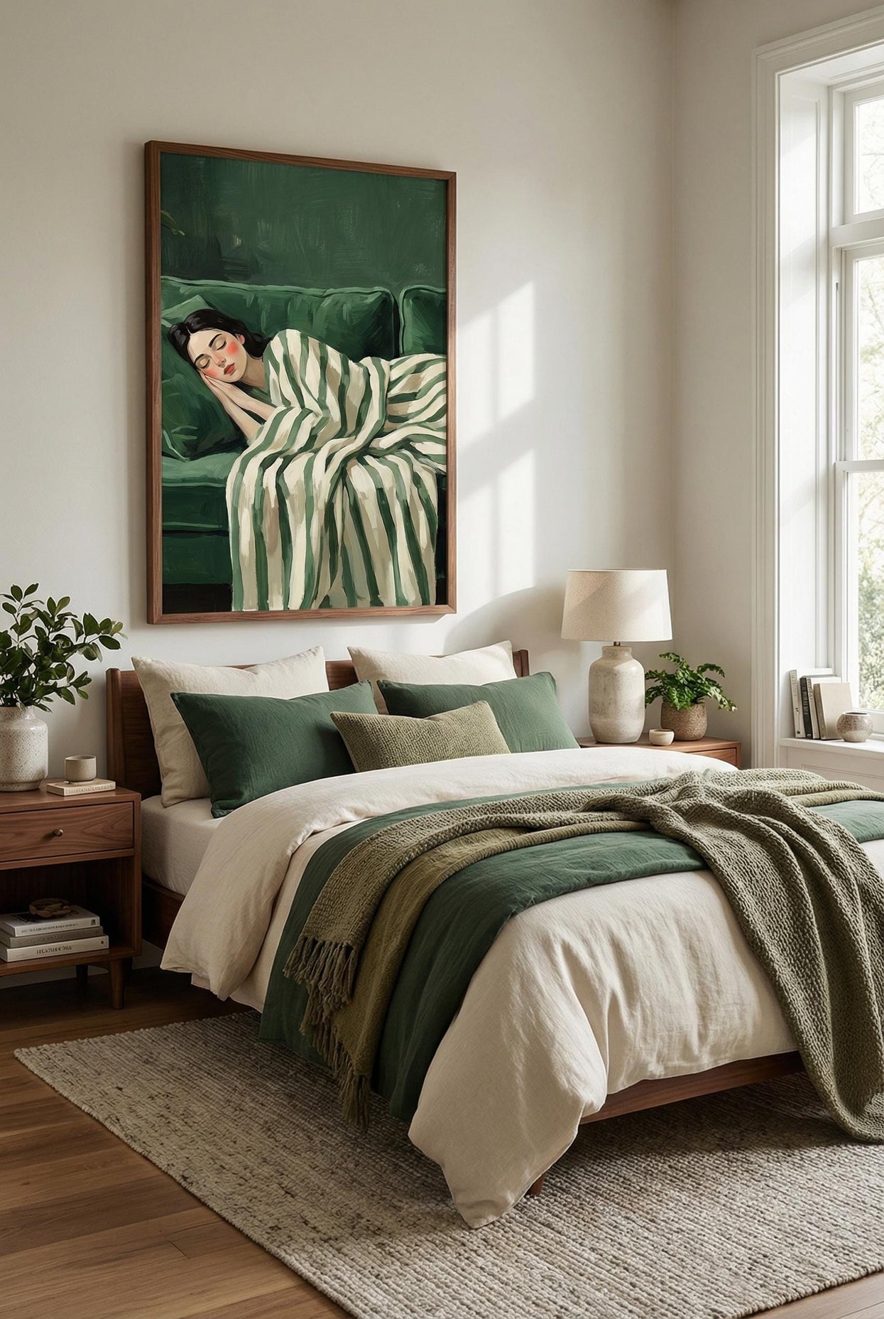 Nap Time Green Art Print: Sleeping Woman, Relaxing Stripes