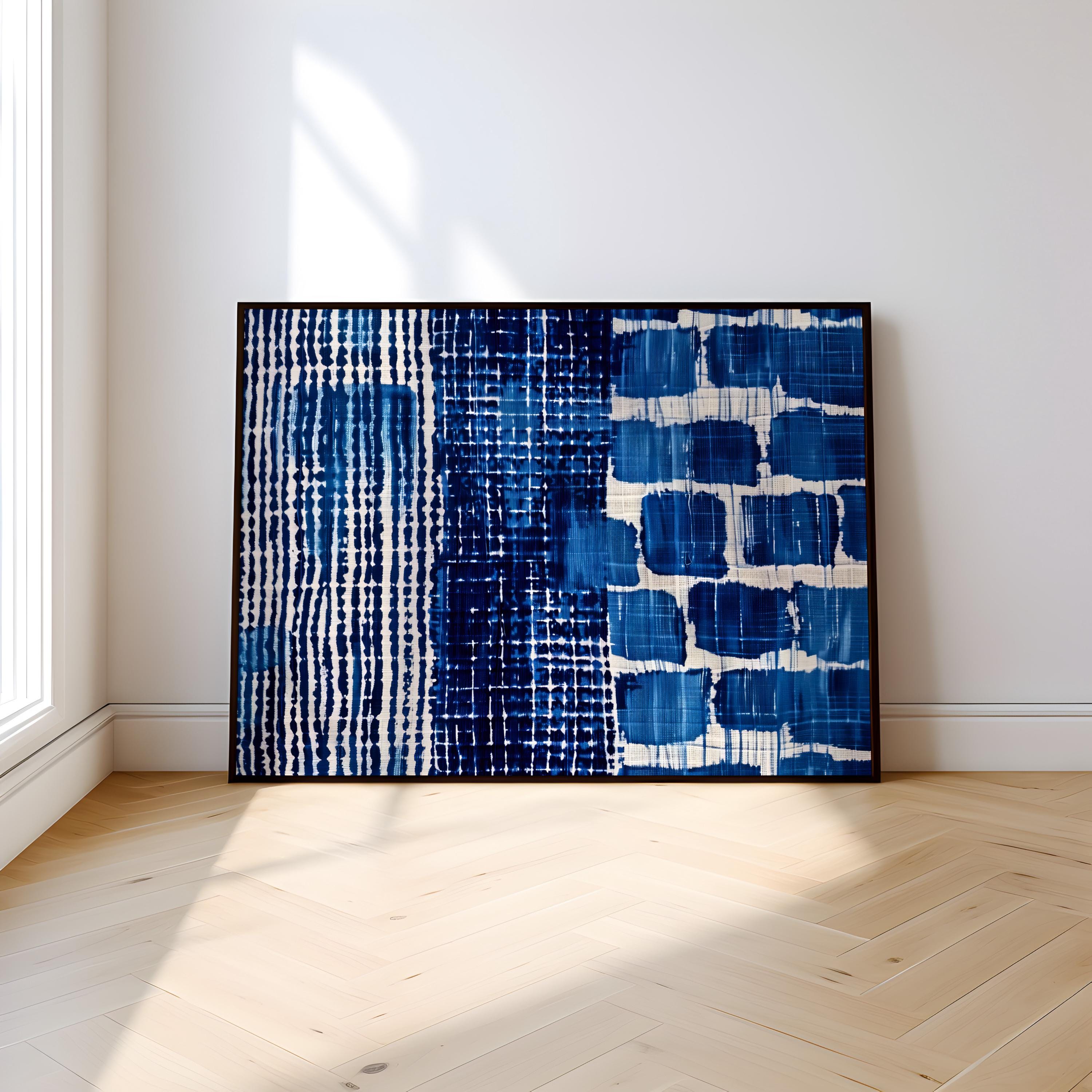 Serene Indigo Flow: Modern Shibori-Inspired Canvas Art | Blue and White Abstract Decor