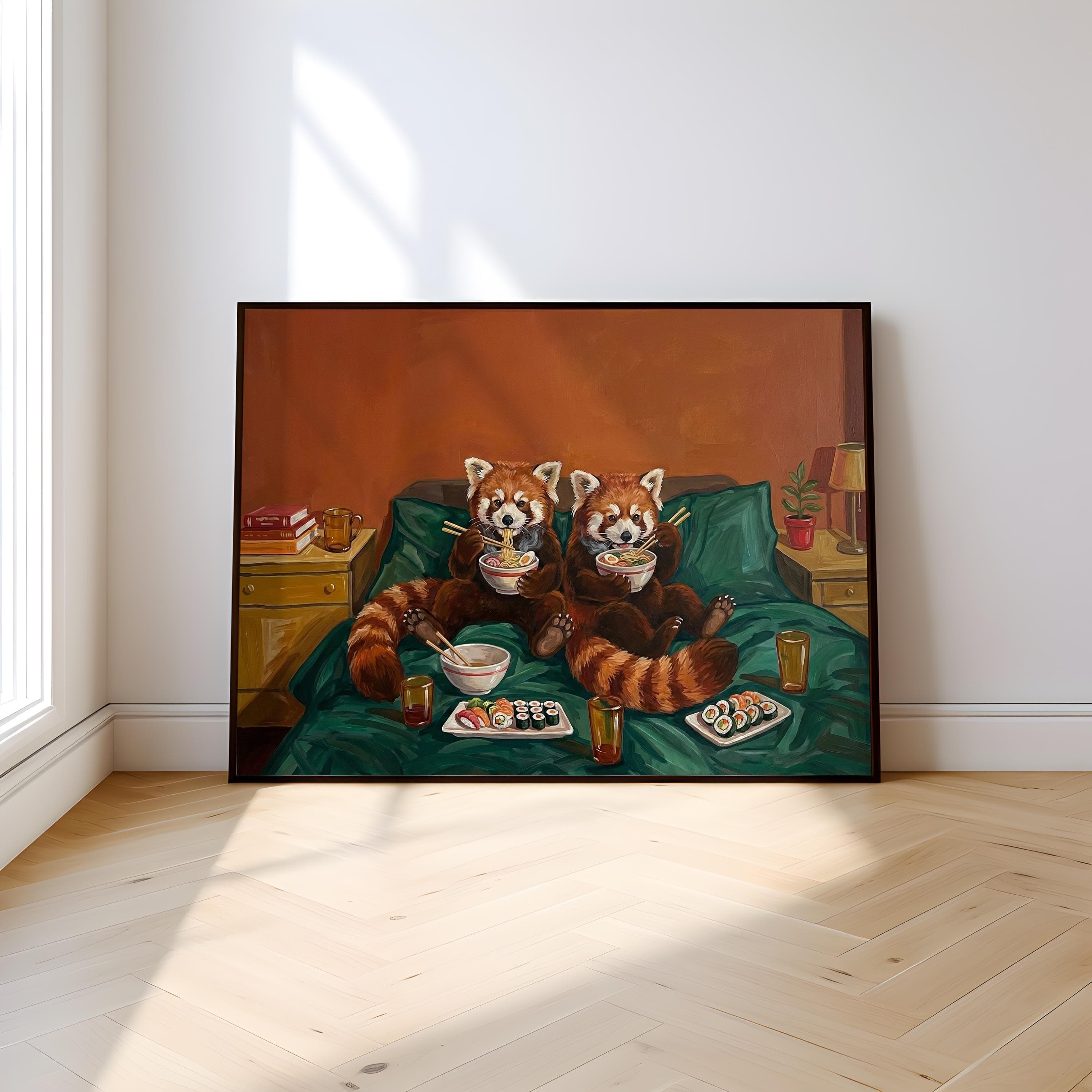 Funny Red Panda Wall Art: Cute Sushi Date - Cozy Kitchen Decor
