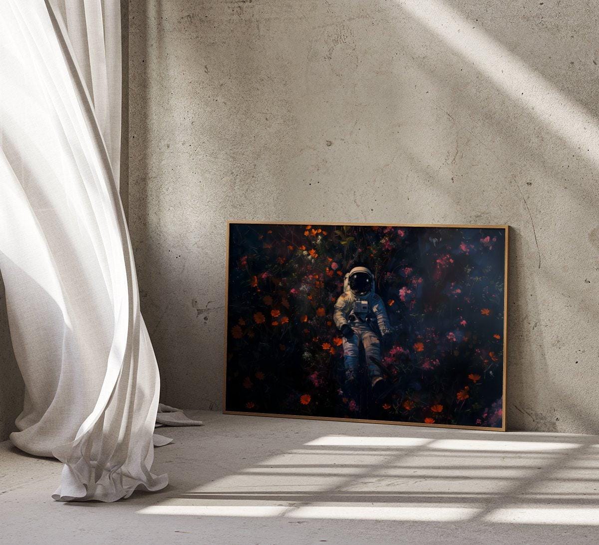 Floral Cosmos: Surreal Astronaut & Flowers Art | Whimsical Space and Nature Decor