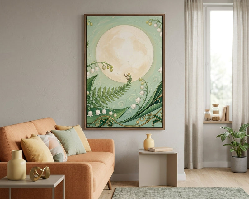 Elegant Lily of the Valley Moon Art Print, Botanical Wall Decor, Art Nouveau Floral Canvas, Serene Green Nature Home Decor