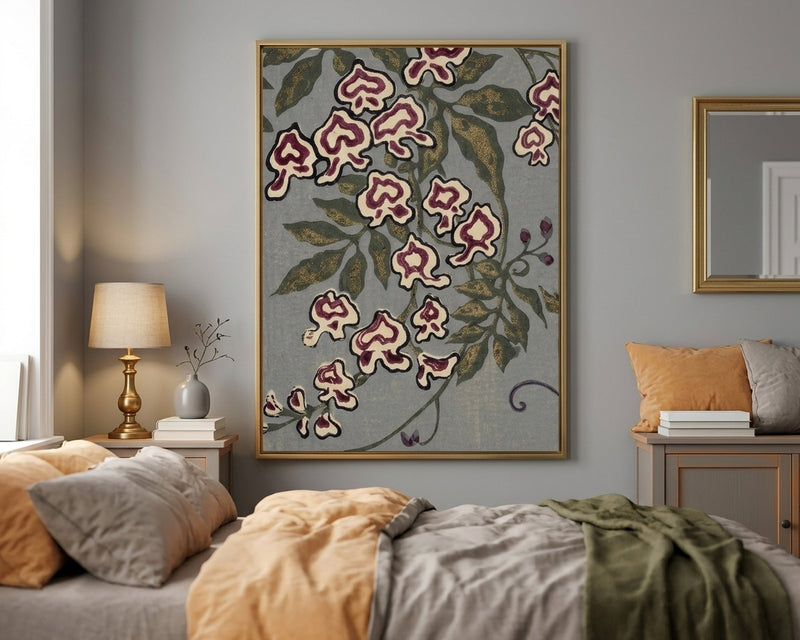 Elegant Wisteria Floral Print - Art Nouveau Botanical Wall Art in Dusty Blue & Plum Purple - Vintage Japanese Nature Decor