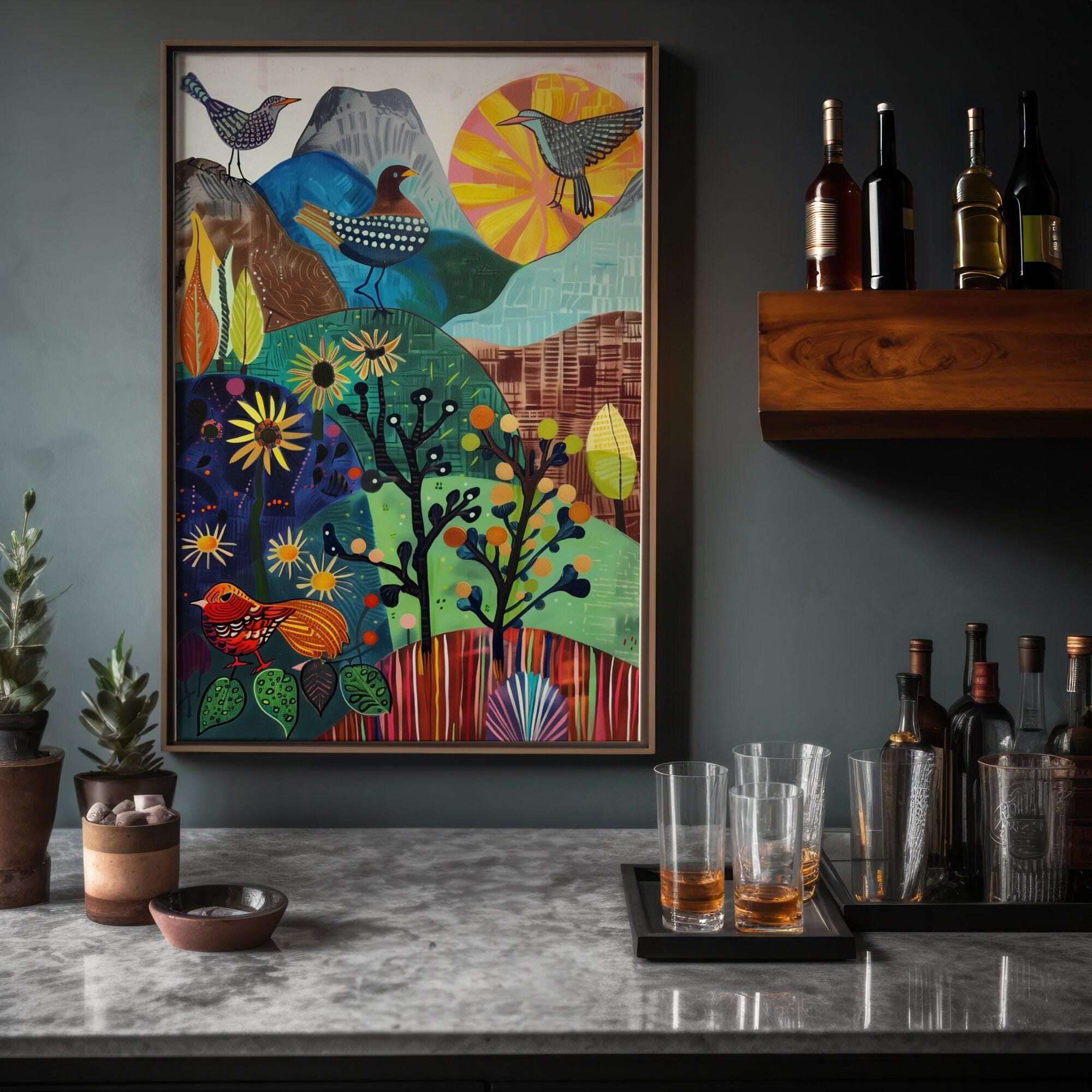 Little Green Valley Wall Art: Serene Birds and Mountain Landscape