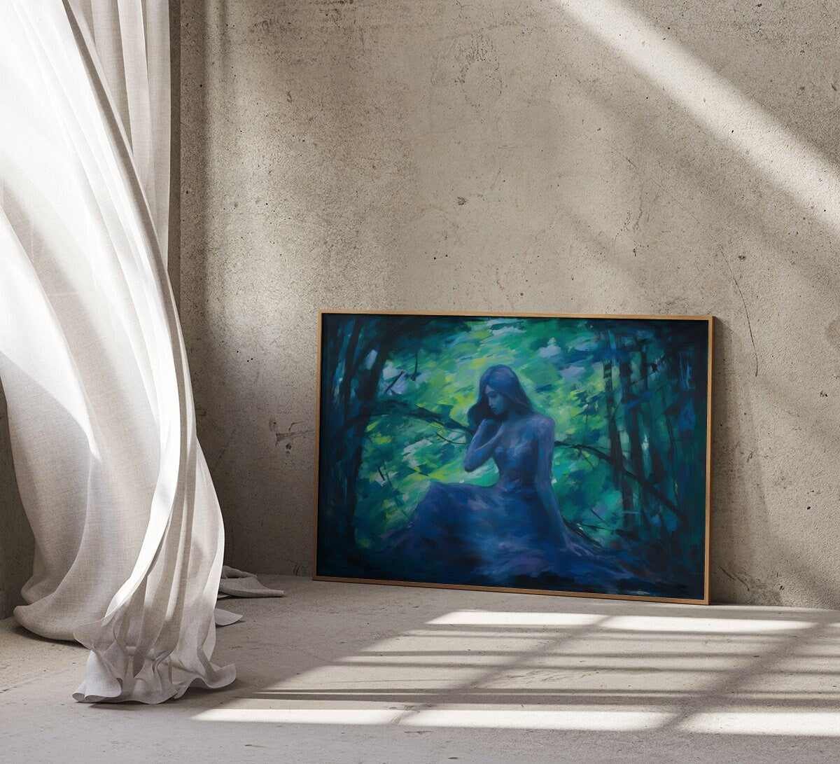Emerald Forest Whispers: Mystical Impressionist Art Print | Ethereal Blue & Green Framed Wall Decor