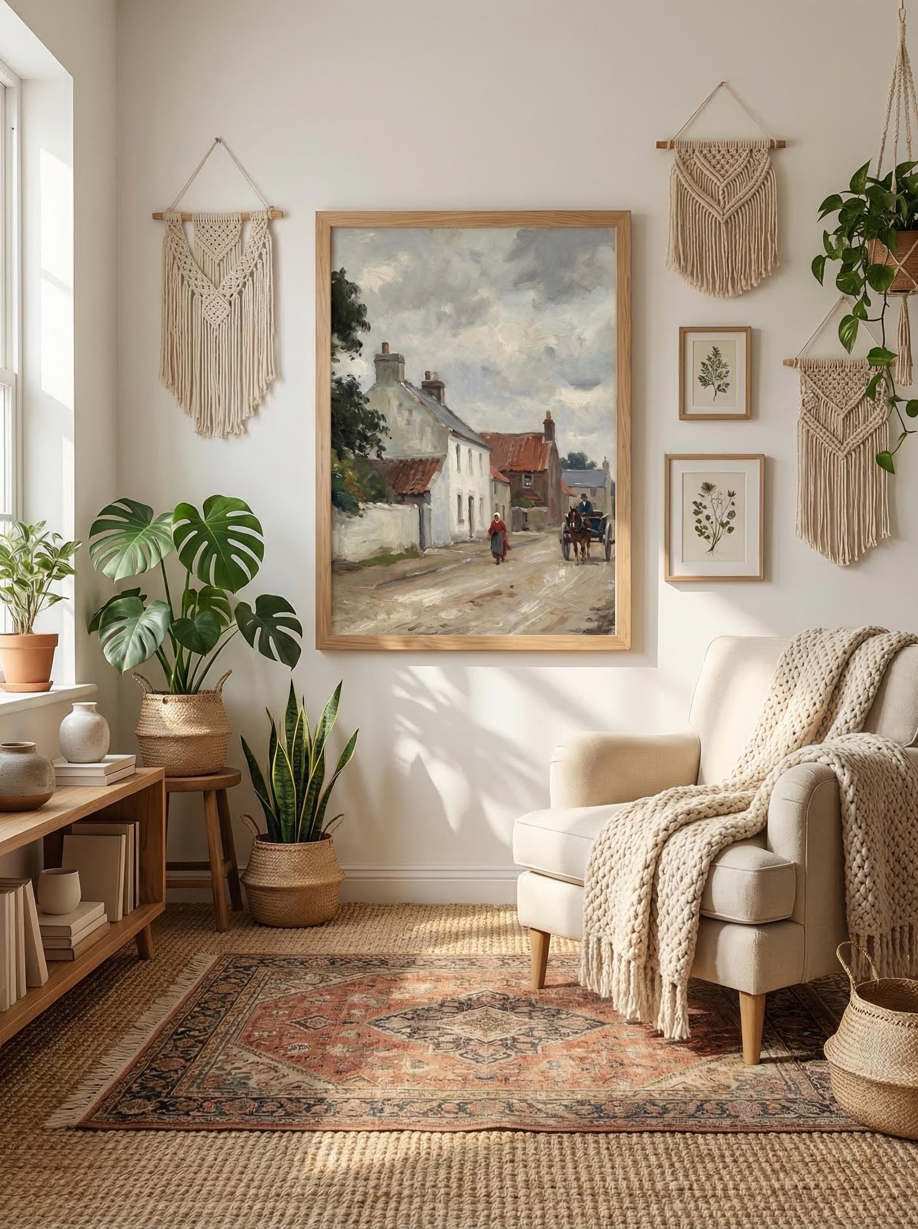 Vintage European Village Painting French Country Street Scene Art Rustic Farmhouse Landscape Print